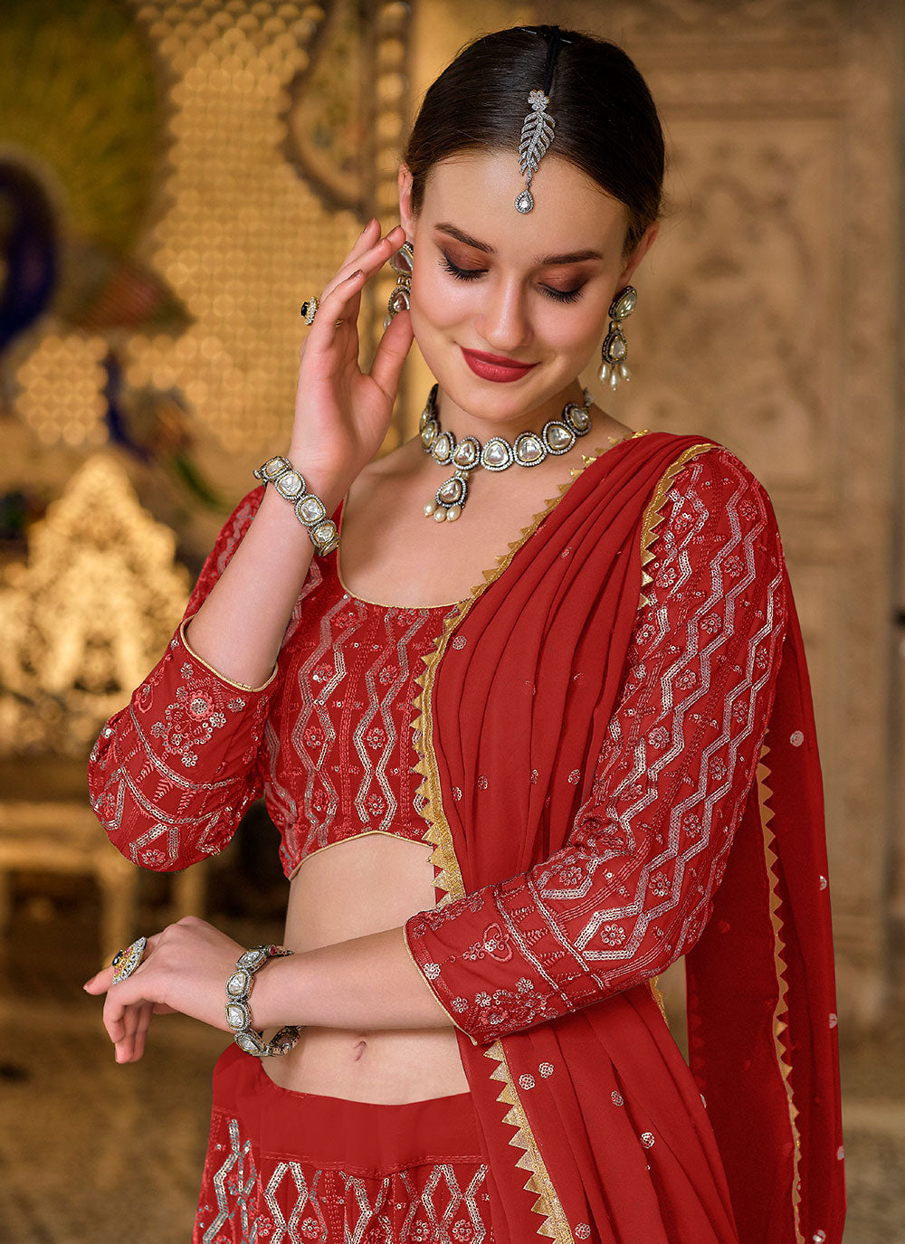 Embroidered Georgette A Line Lehenga Choli In Red