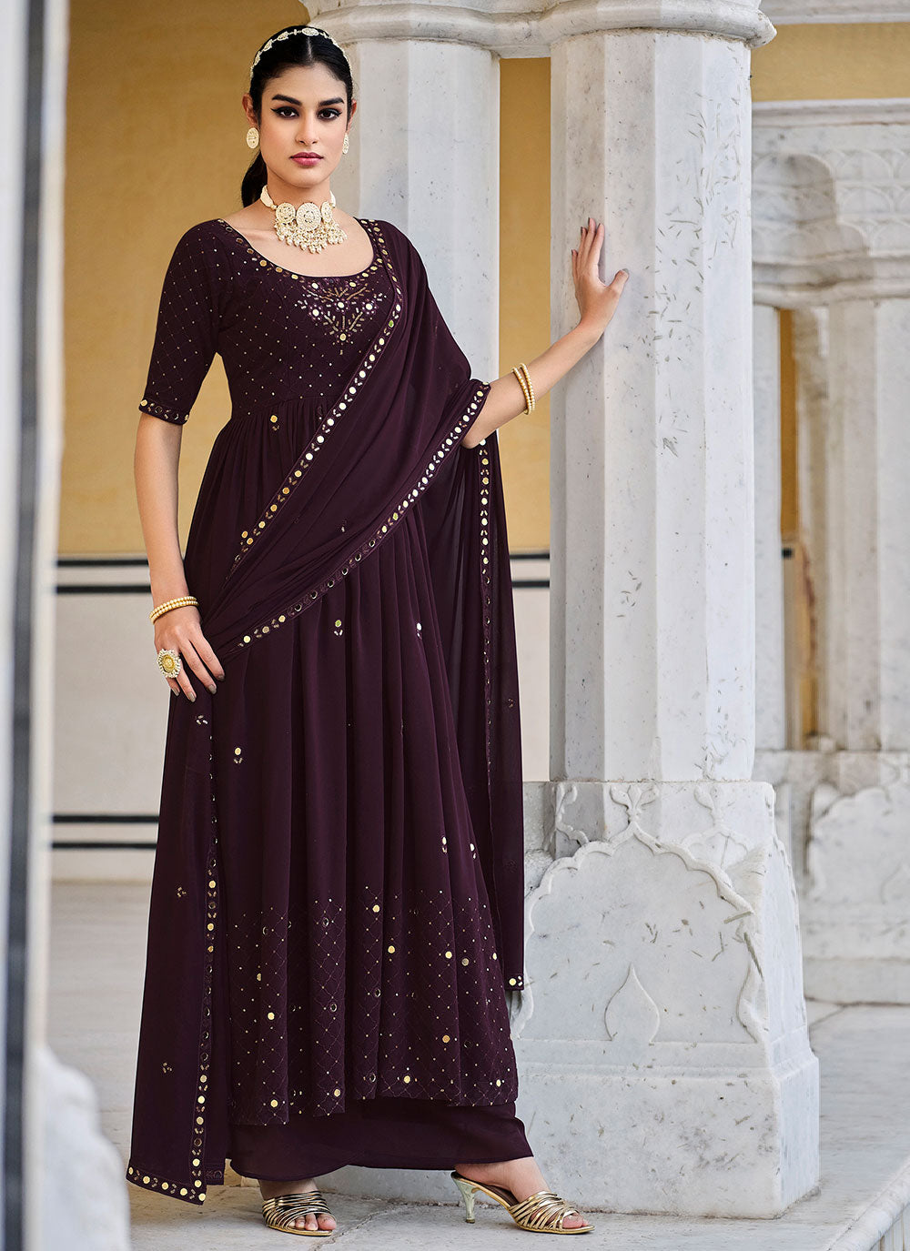 Sequins Anarkali Salwar Suit In Purple Color
