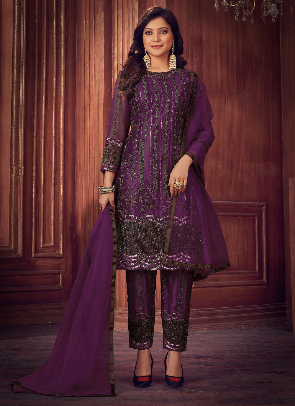 Dori Work Net Designer Salwar Suit In Purple