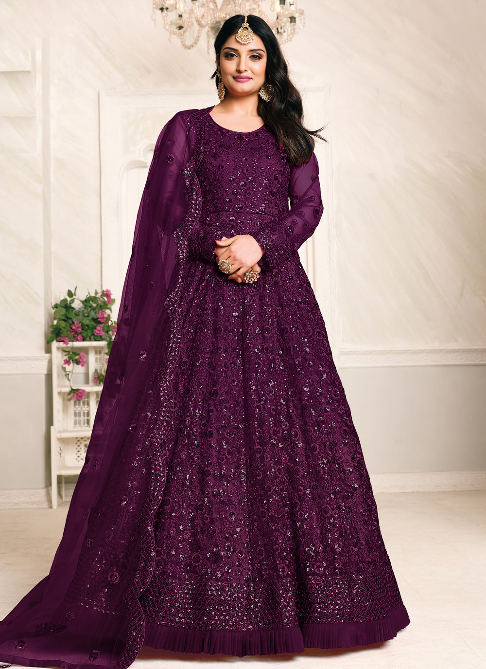Sequins Floor Length Anarkali Suit In Purple