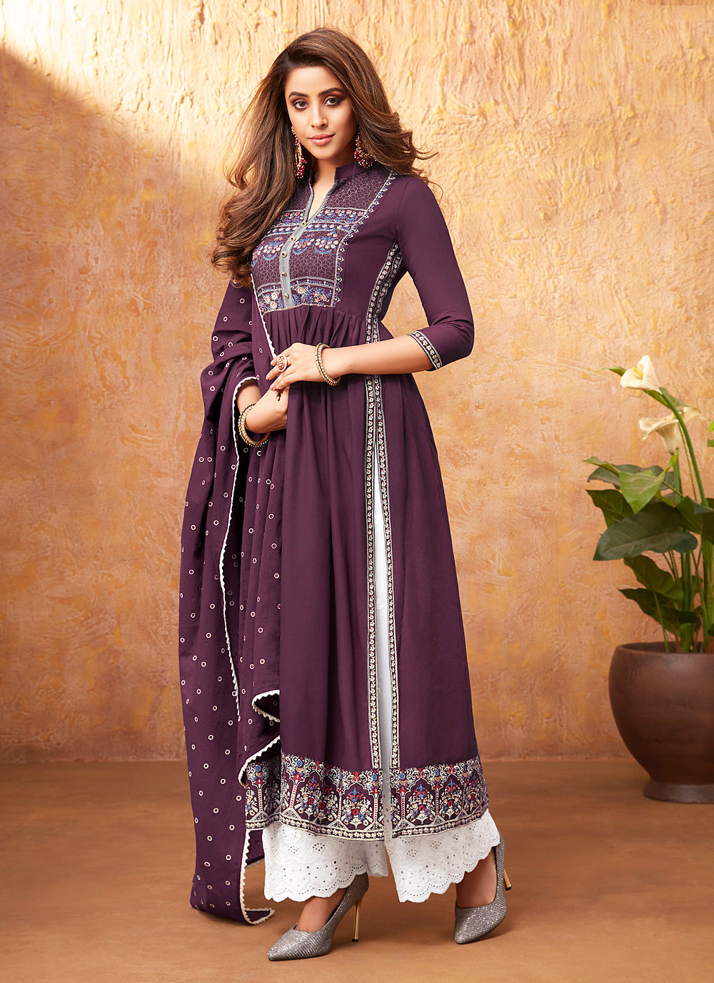 Purple Rayon Readymade Suit For Festival