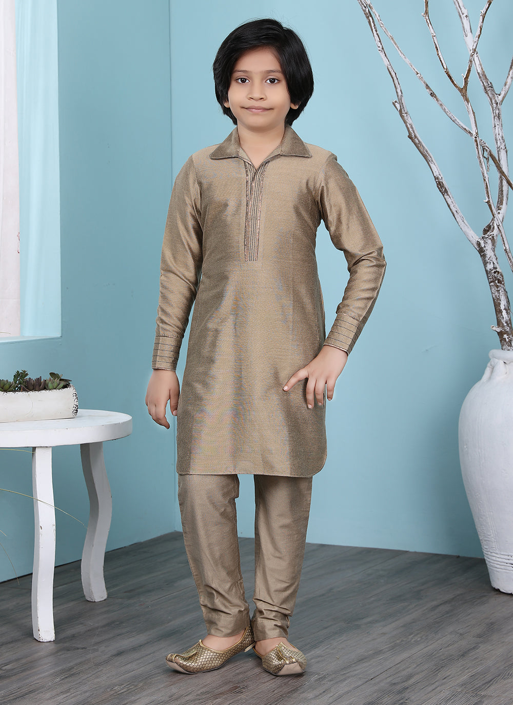 Brown Cotton Silk Kurta Pajama For Boys