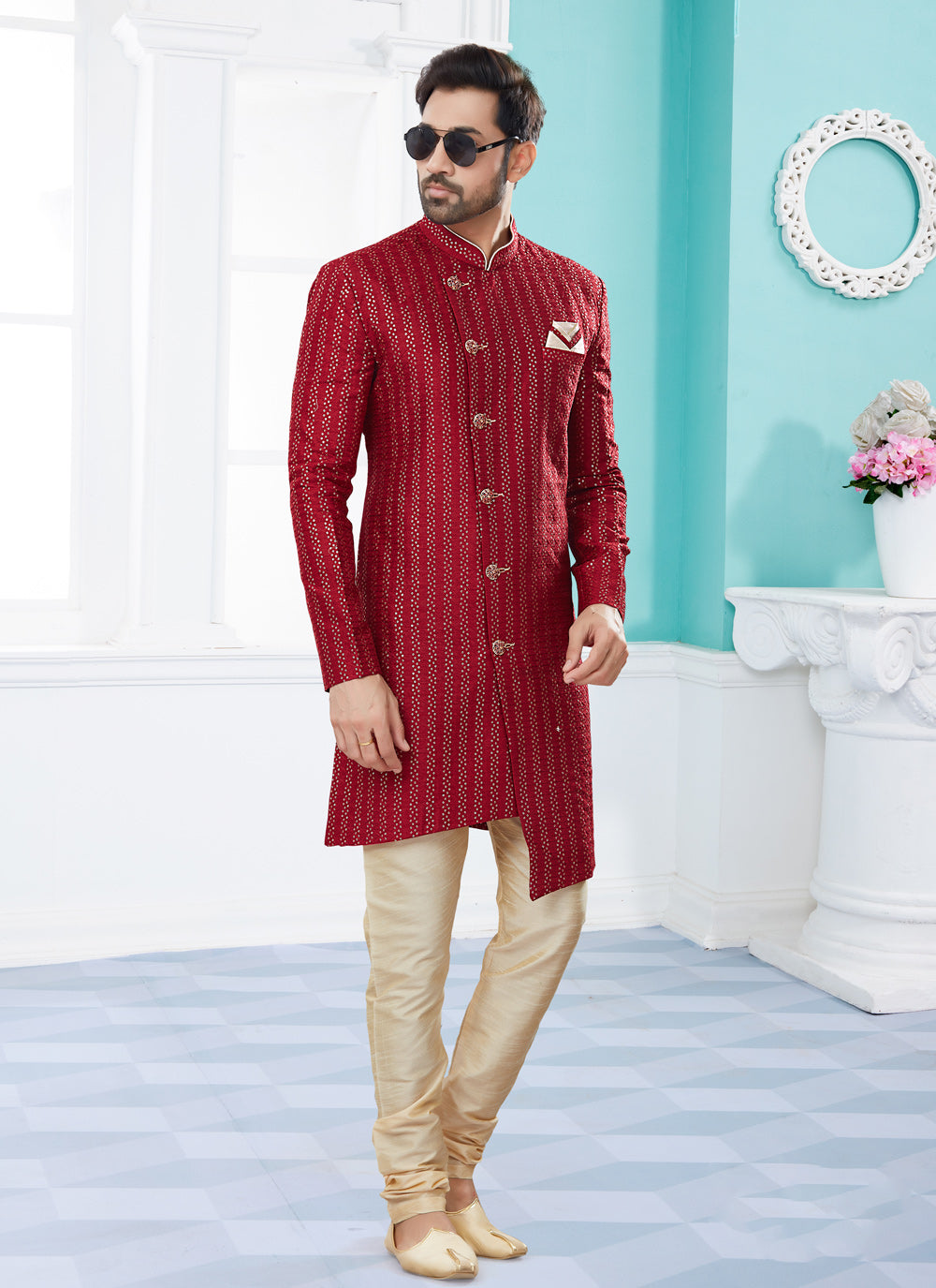 Jacquard Indo Western Sherwani In Red Color