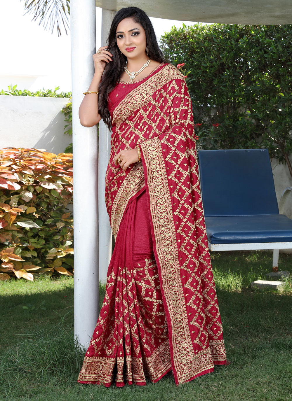 Red Embroidered Vichitra Silk Designer Saree