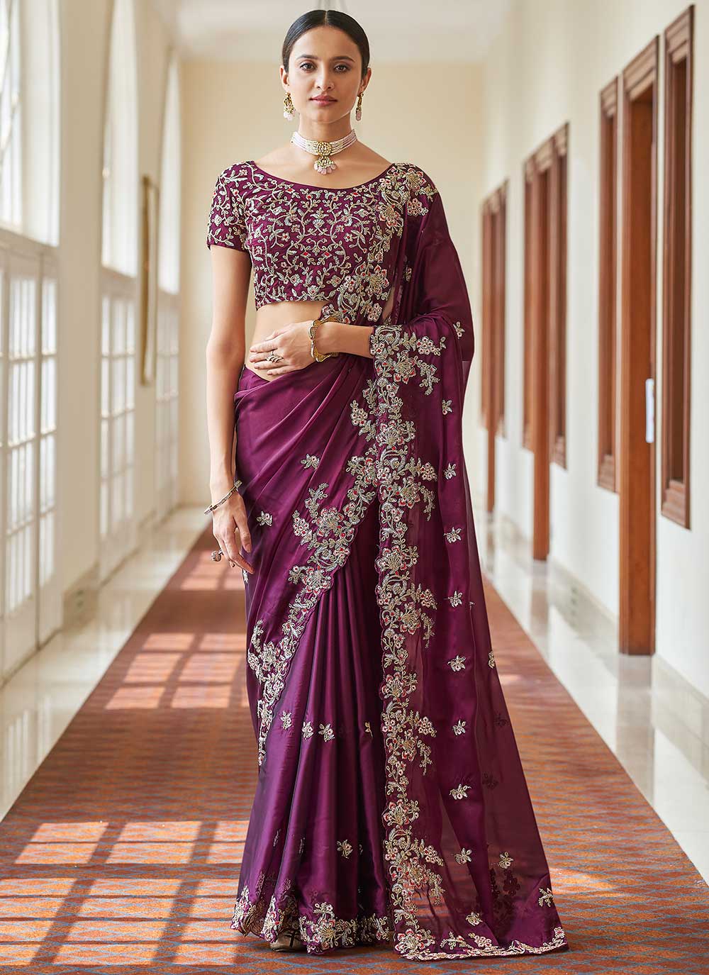 Dori Work Purple Faux Crepe Designer Traditional Saree