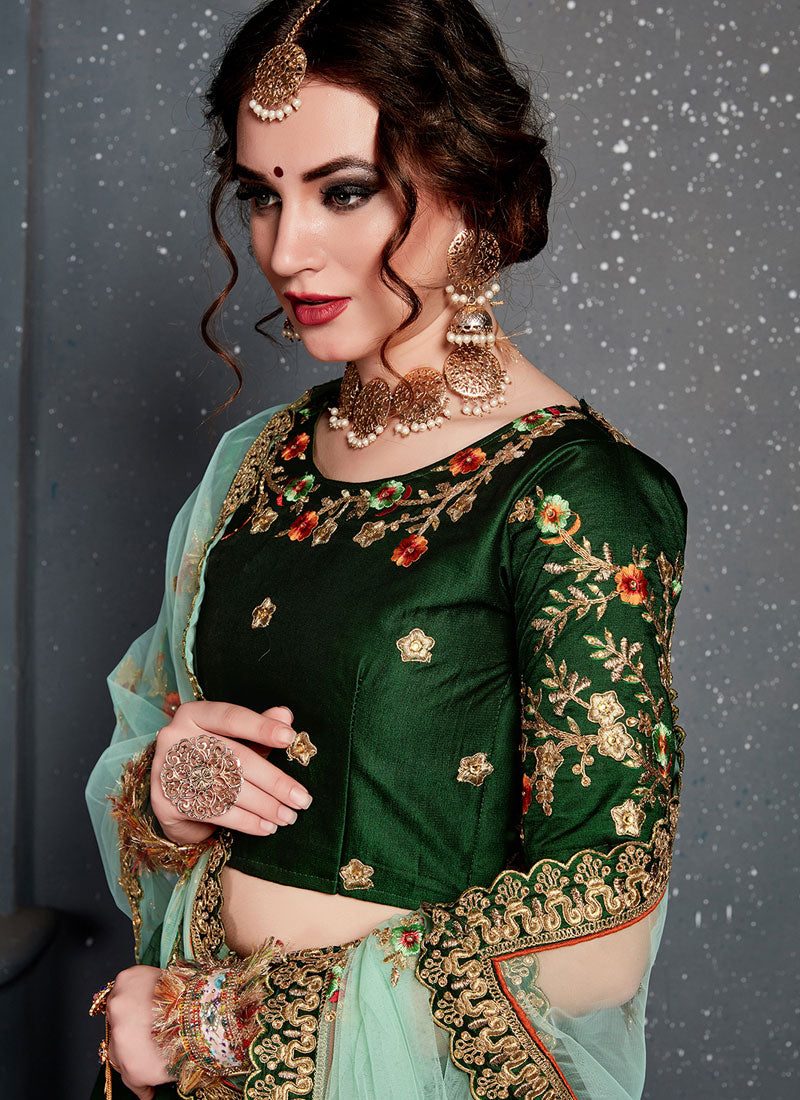Green Satin Silk Designer Lehenga Choli