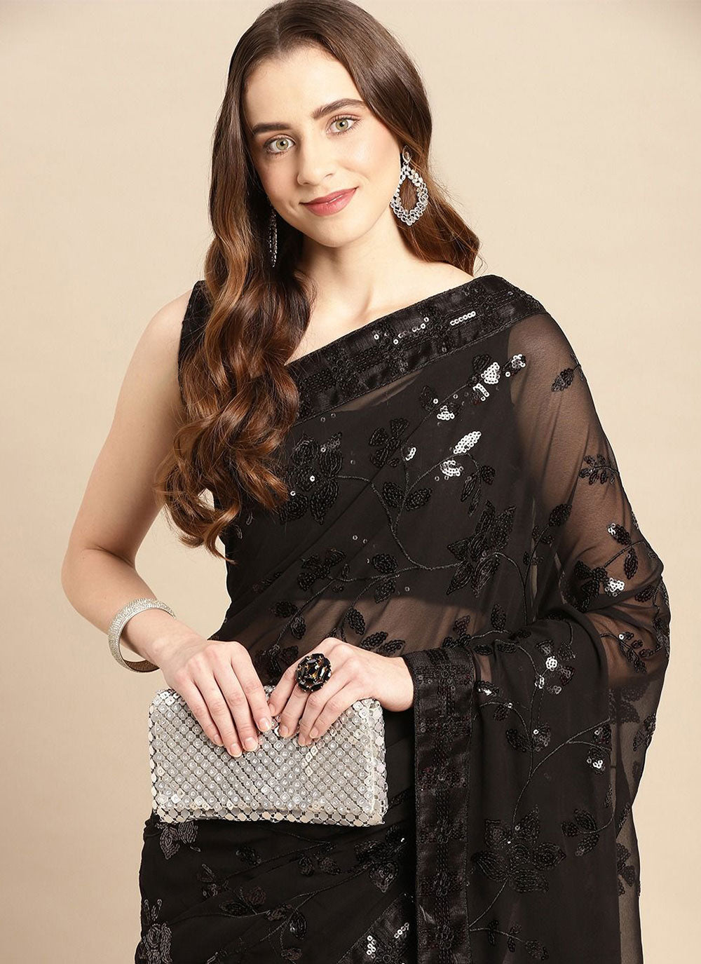 Black Embroidered Silk Saree For Festival