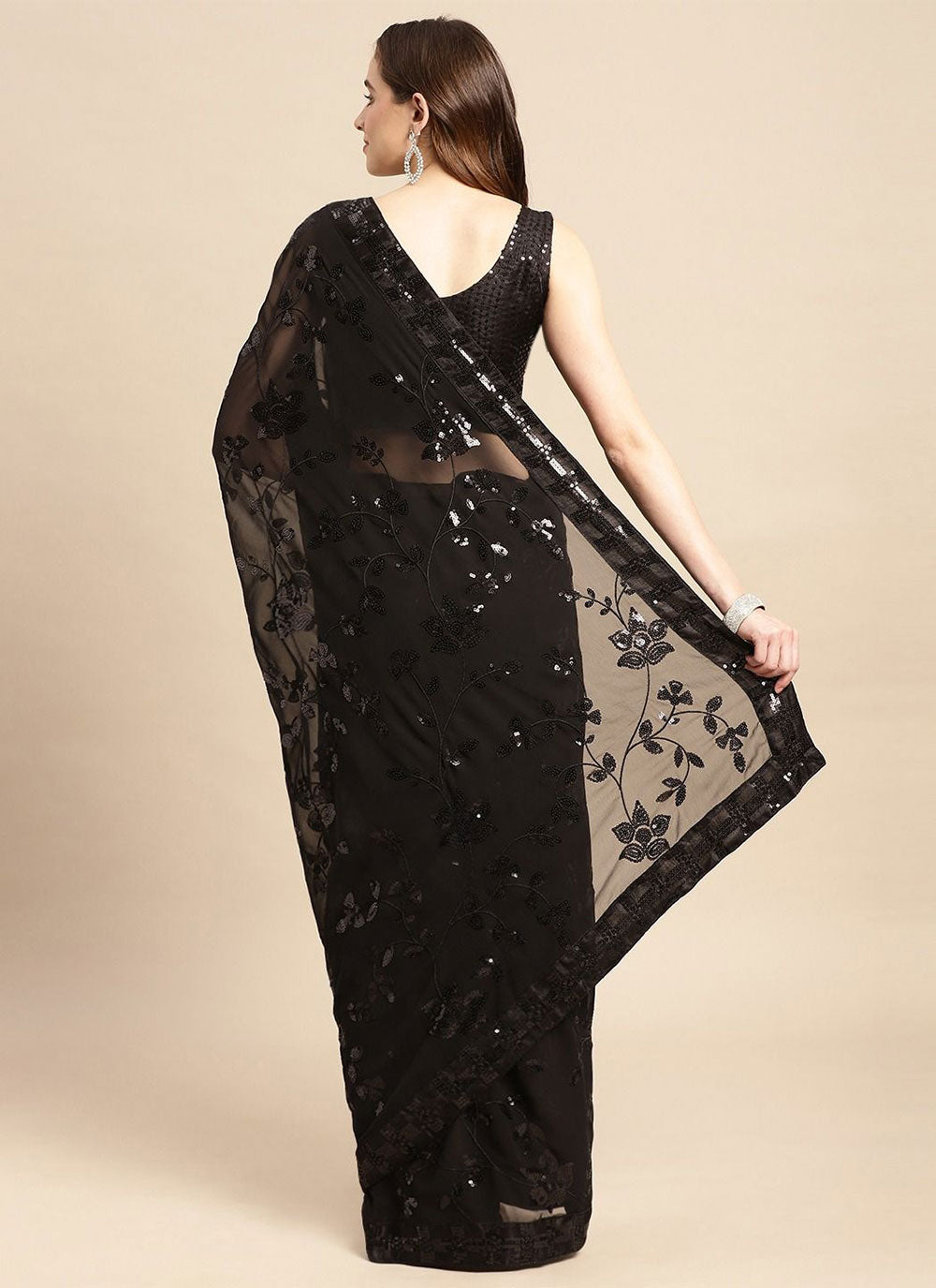 Black Embroidered Silk Saree For Festival