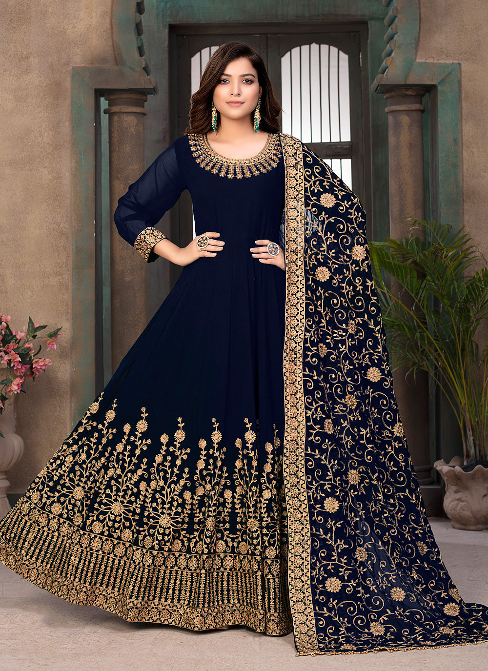 Embroidered Faux Georgette Blue Anarkali Suit