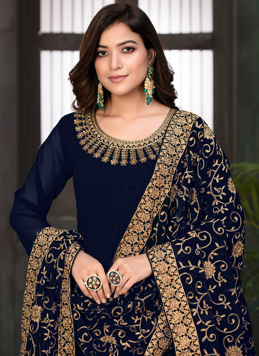 Embroidered Faux Georgette Blue Anarkali Suit