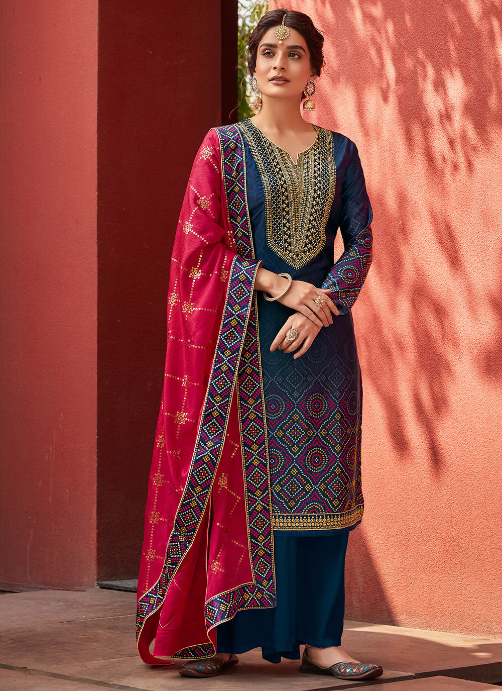 Embroidered Designer Palazzo Suit in Navy Blue