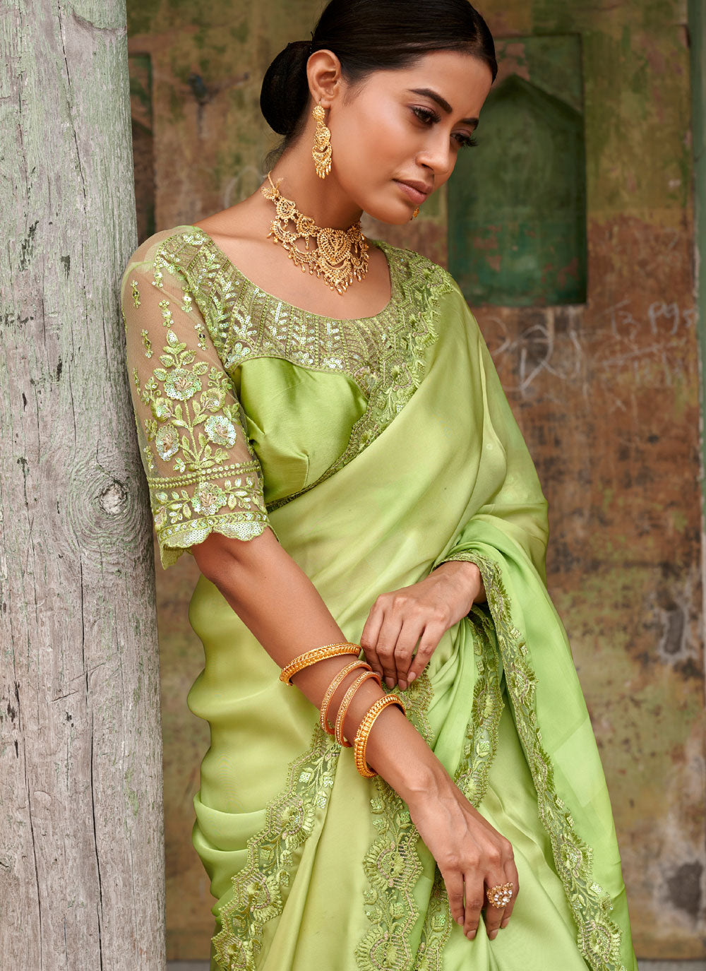 Embroidered Lace Satin Saree In Green Color