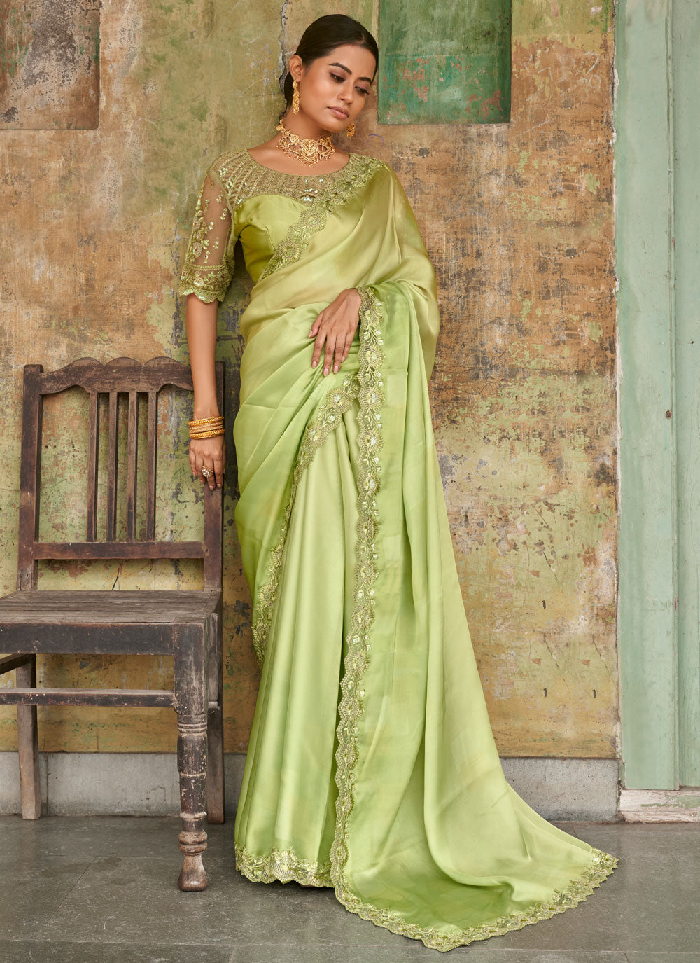 Embroidered Lace Satin Saree In Green Color
