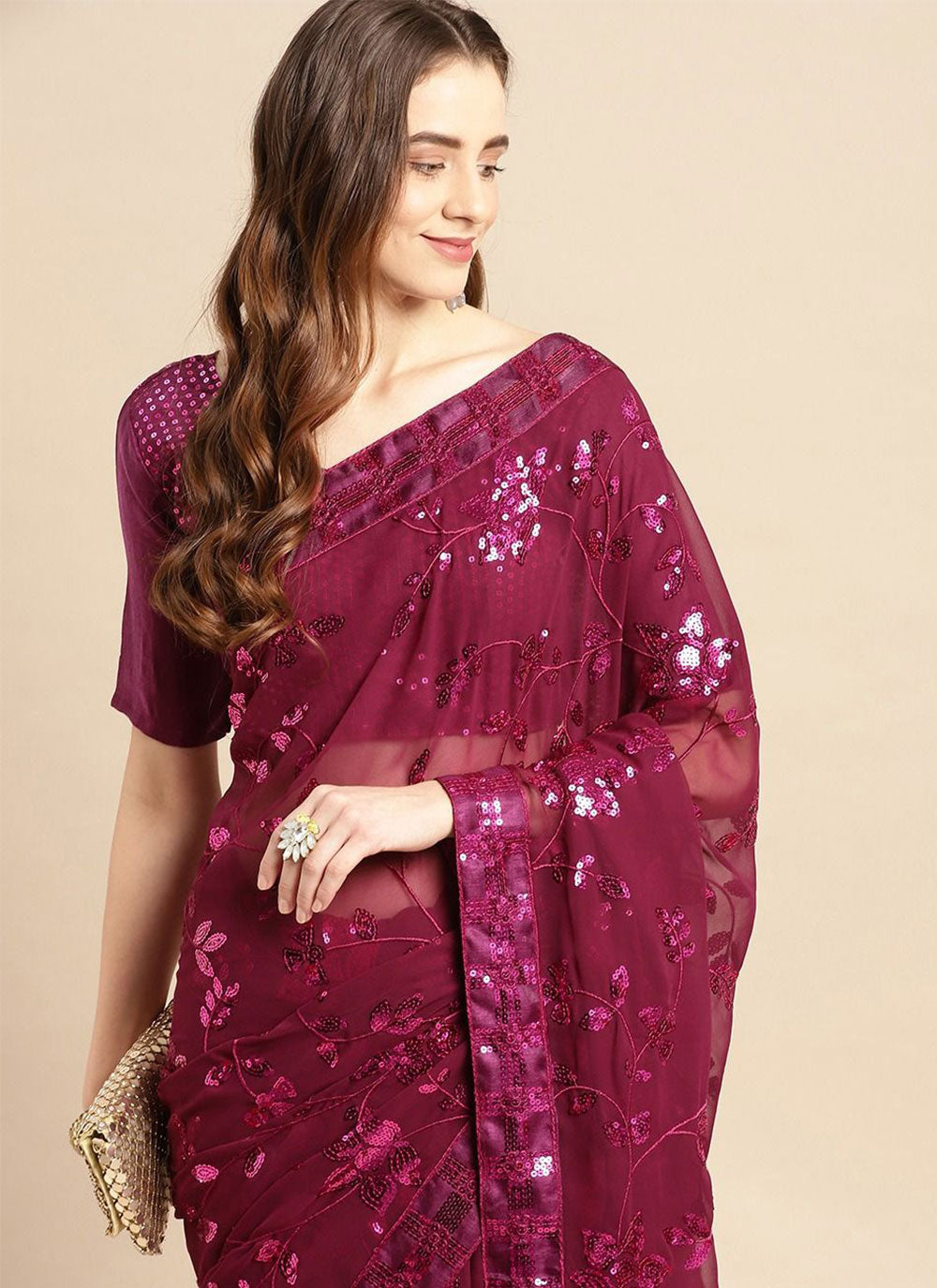 Embroidered With Sequins Silk Saree For Mehndi