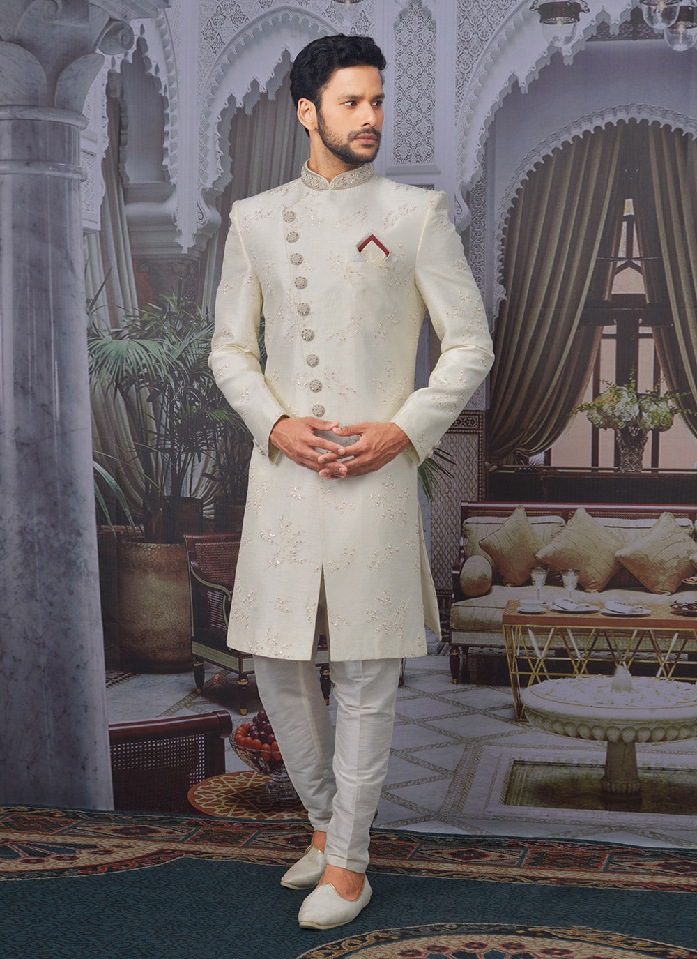 Sherwani Embroidered in Off White
