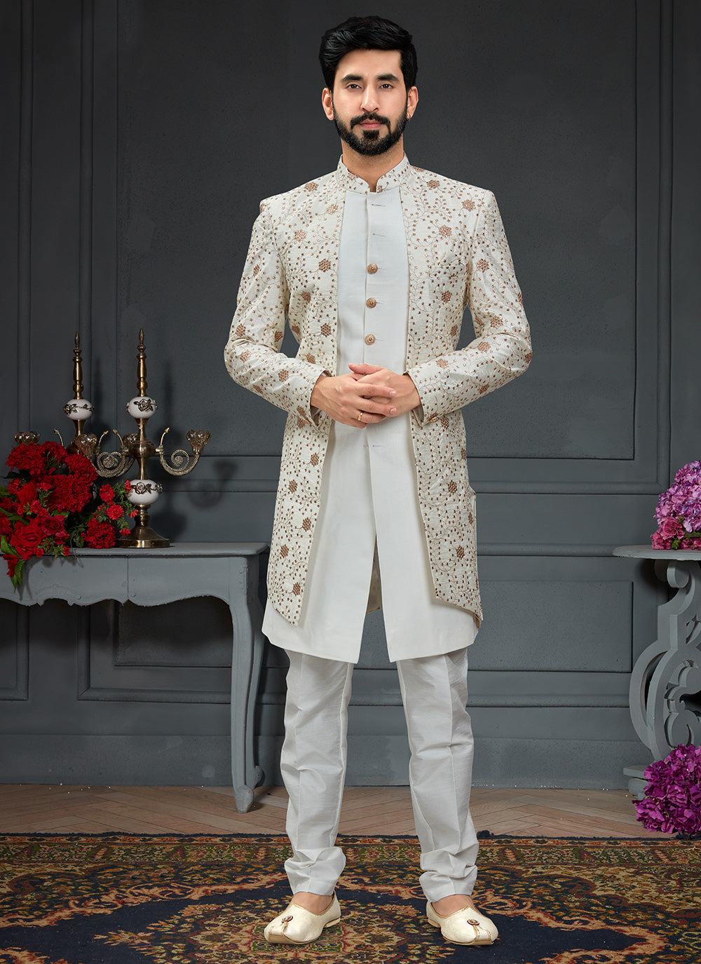 Silk Embroidered Indo Western In Off White