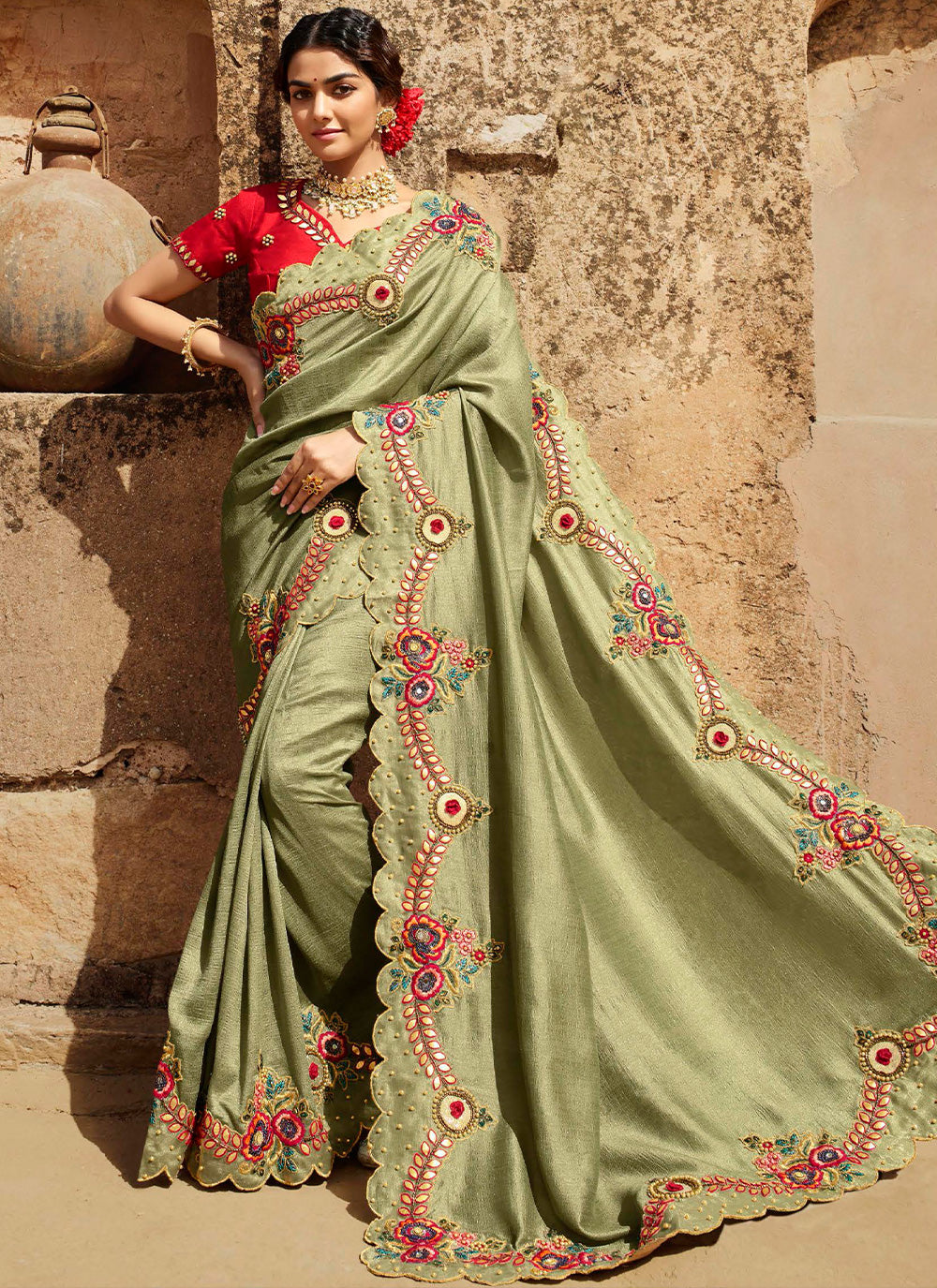 Silk Green Border Designer Saree