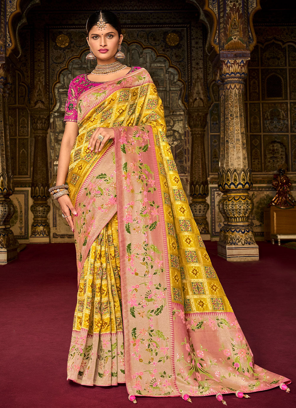 Trendy Silk Handwork Saree In Yellow