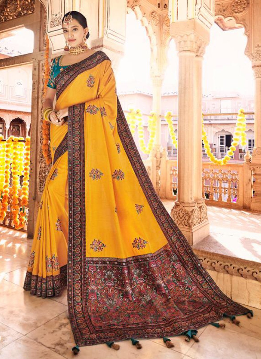 Mustard Silk Embroidered Traditional Designer Saree