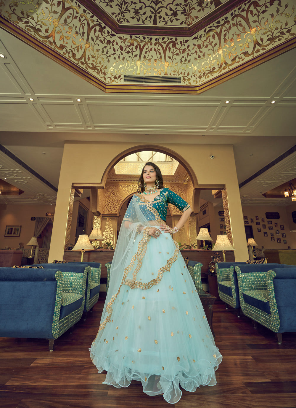 Embroidered Net A Line Lehenga Choli In Turquoise Color