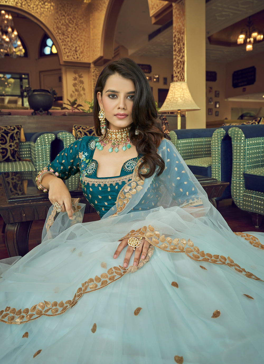 Embroidered Net A Line Lehenga Choli In Turquoise Color