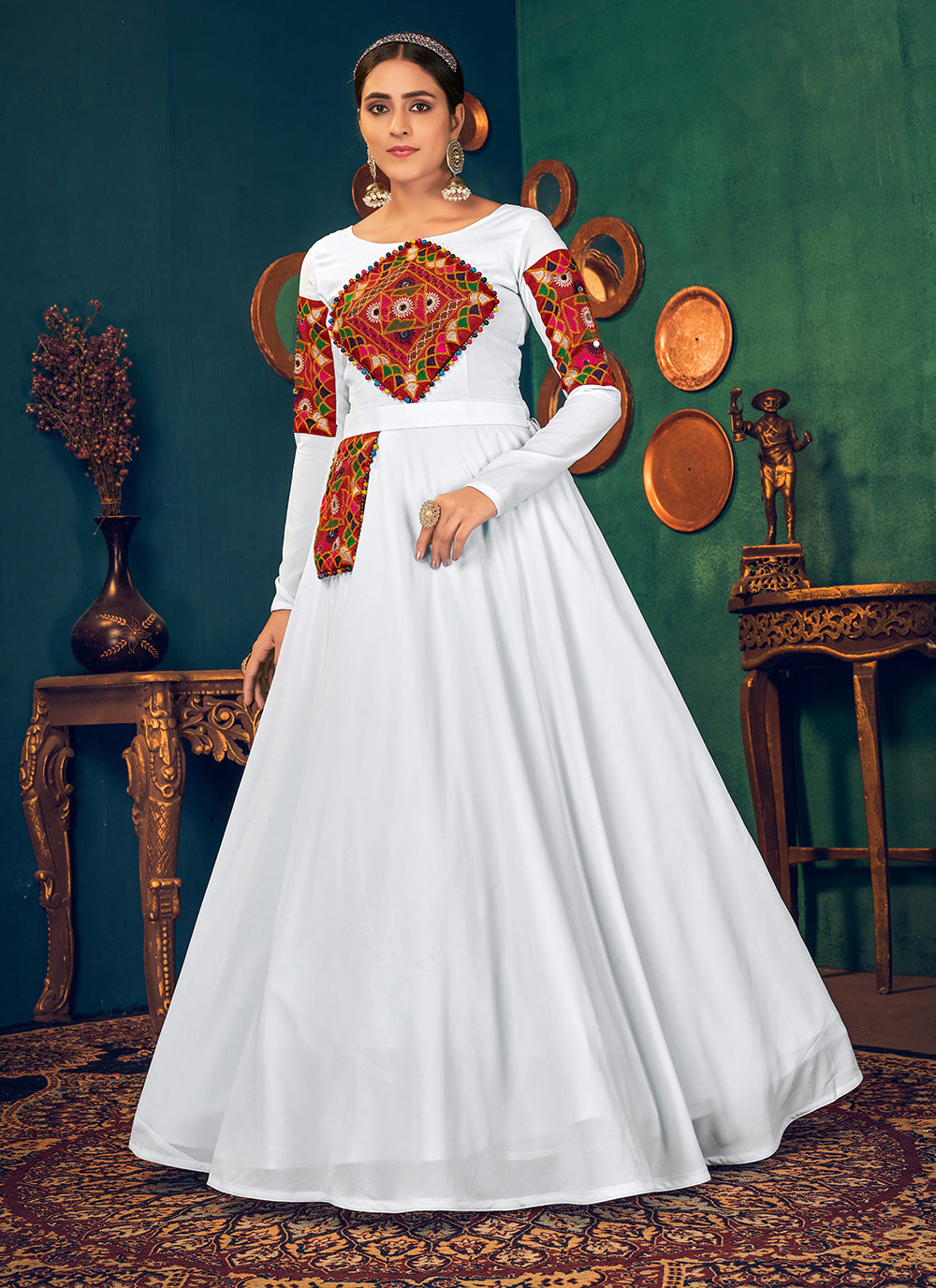 Embroidered Floor Length Gown In White