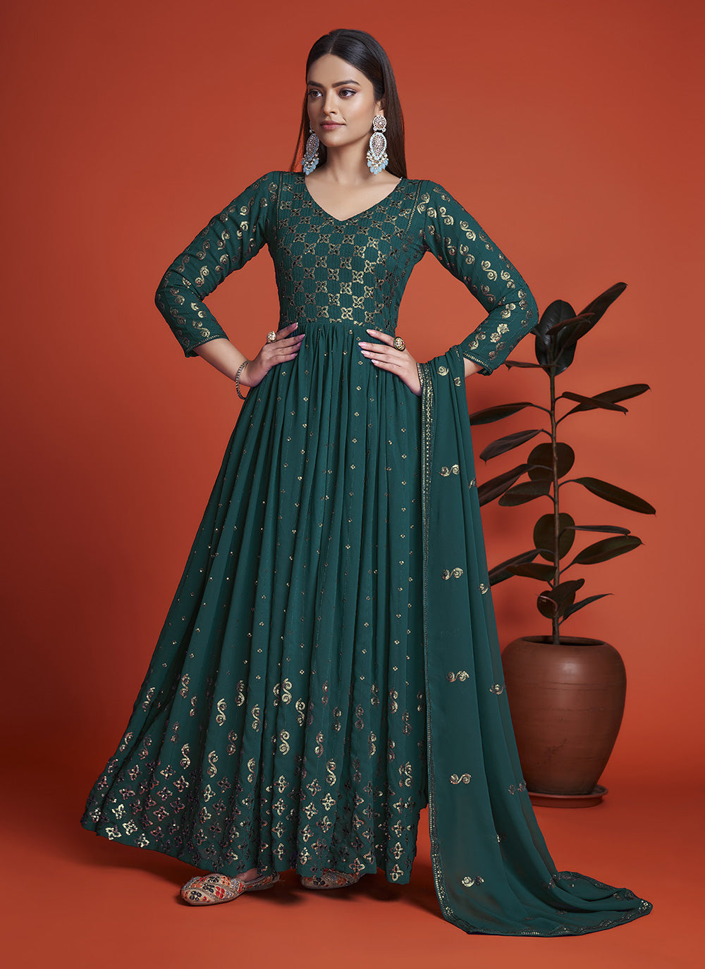 Embroidered Teal Georgette Designer Gown