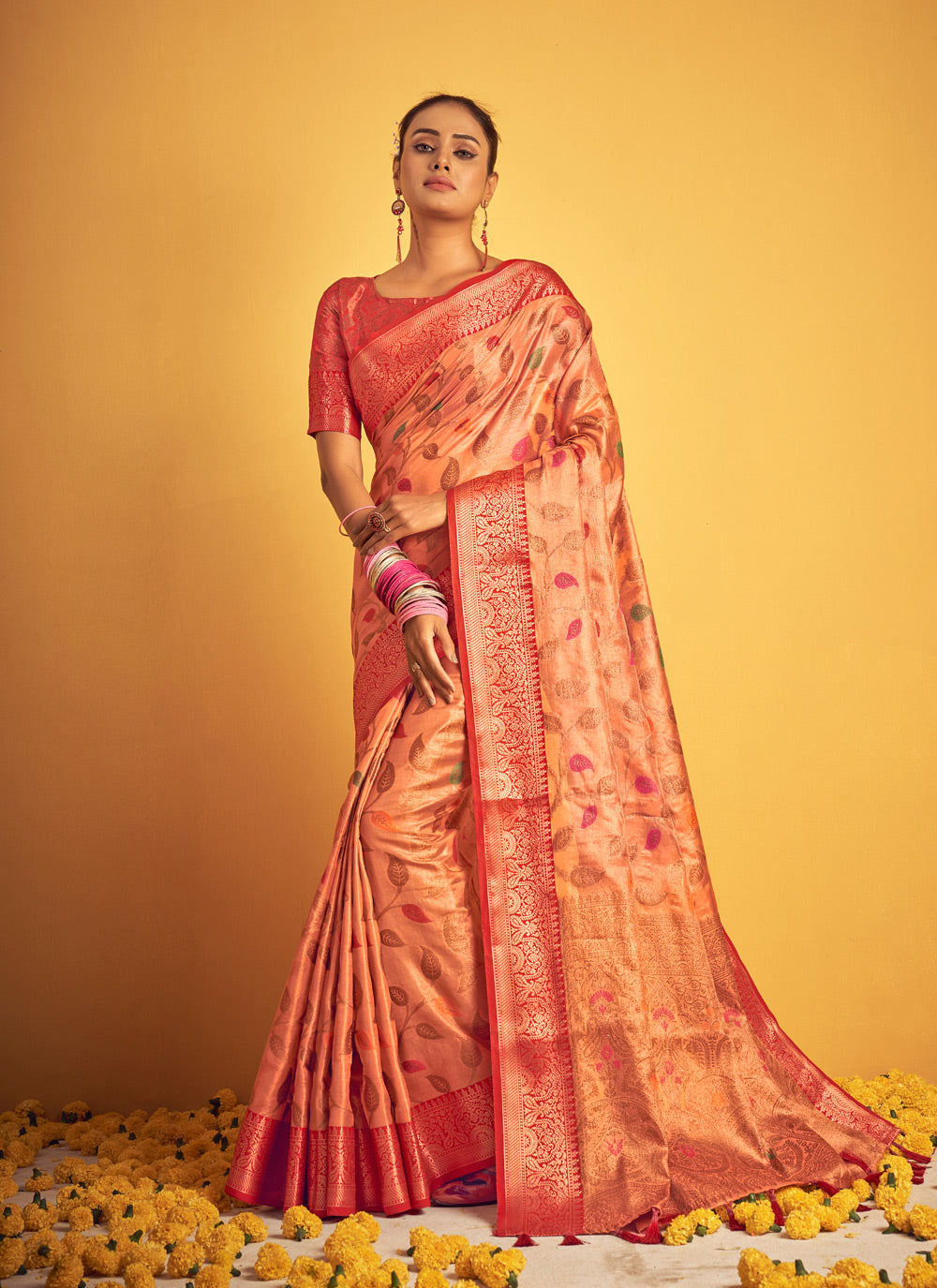 Peach Weaving Banarasi Silk Saree