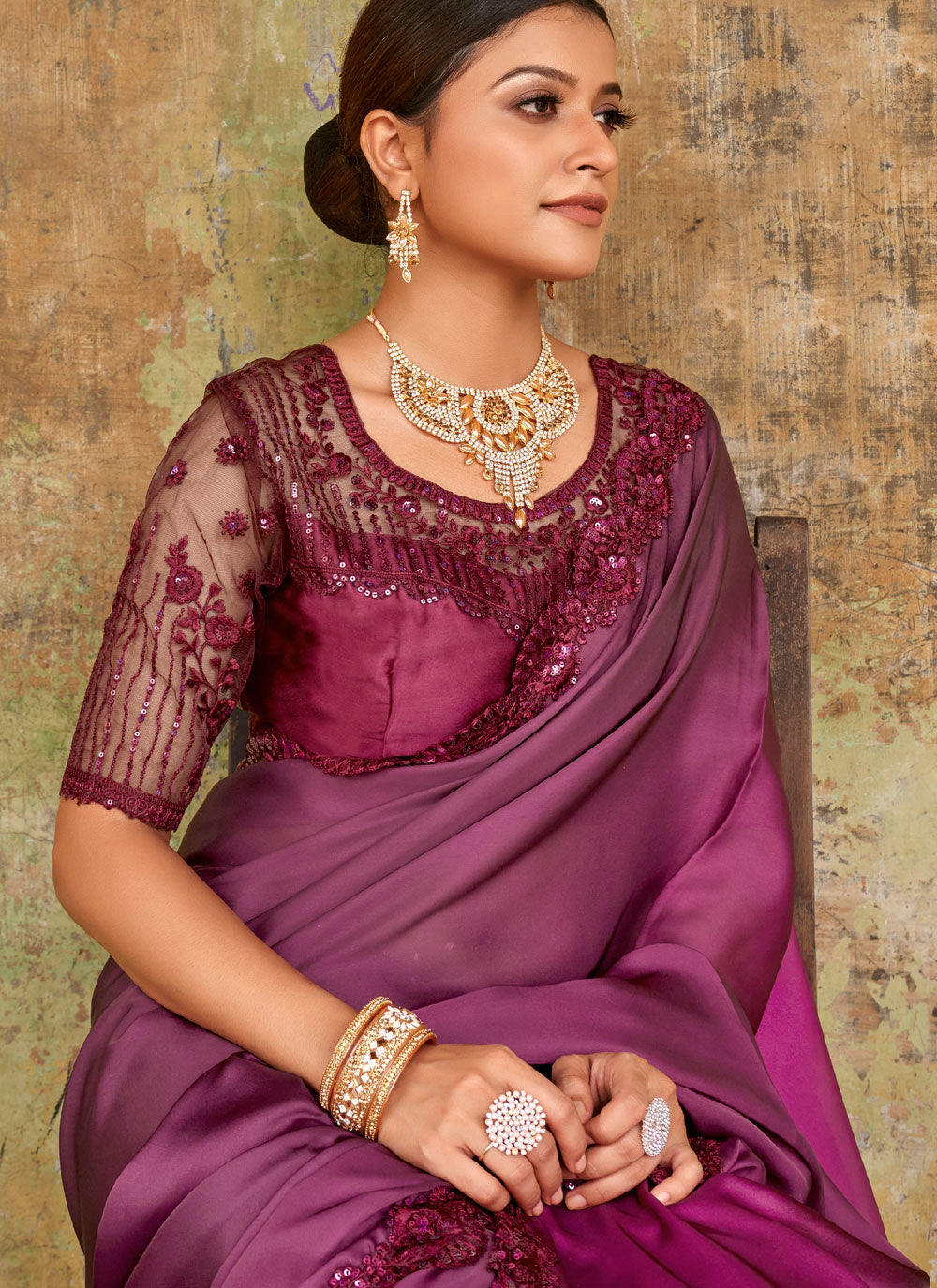 Party Wear Satin Lace Saree In Purple Color
