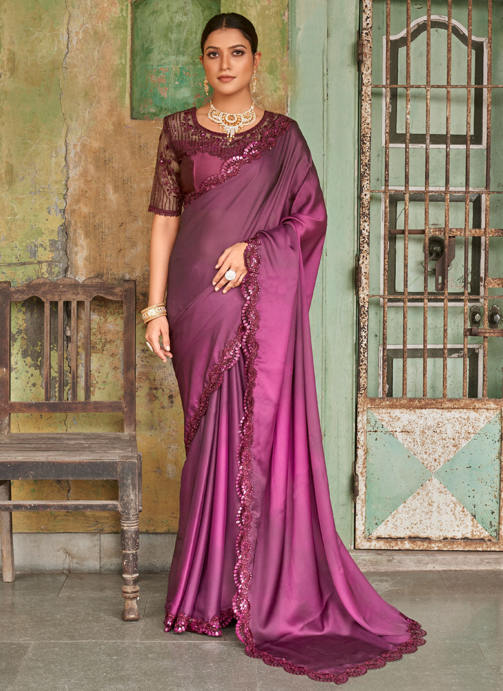 Party Wear Satin Lace Saree In Purple Color