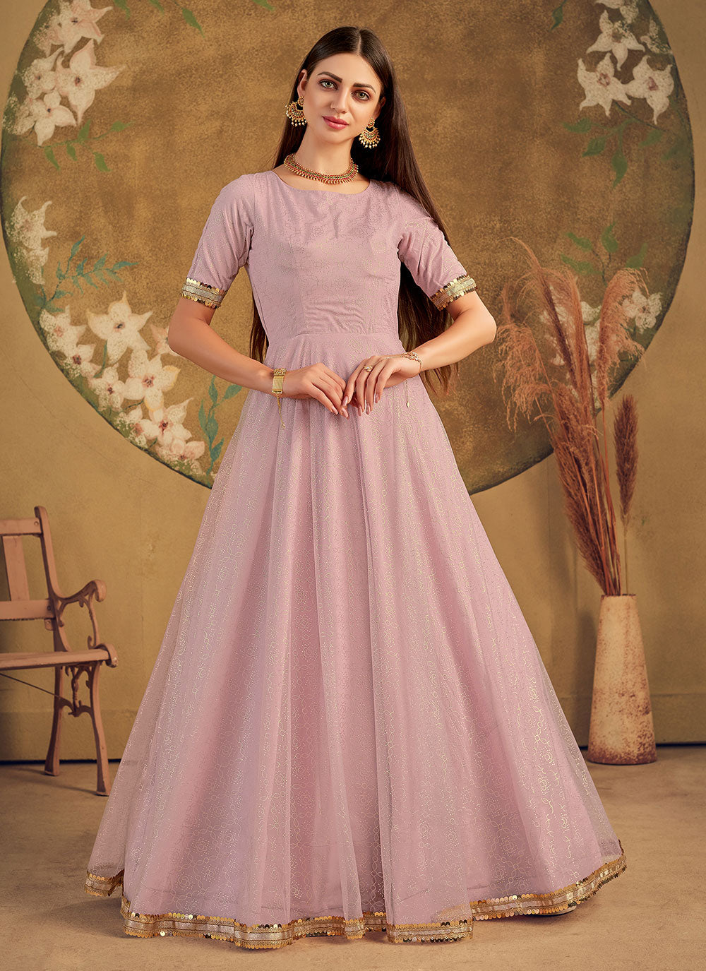 Foil Print Pink Net Designer Gown