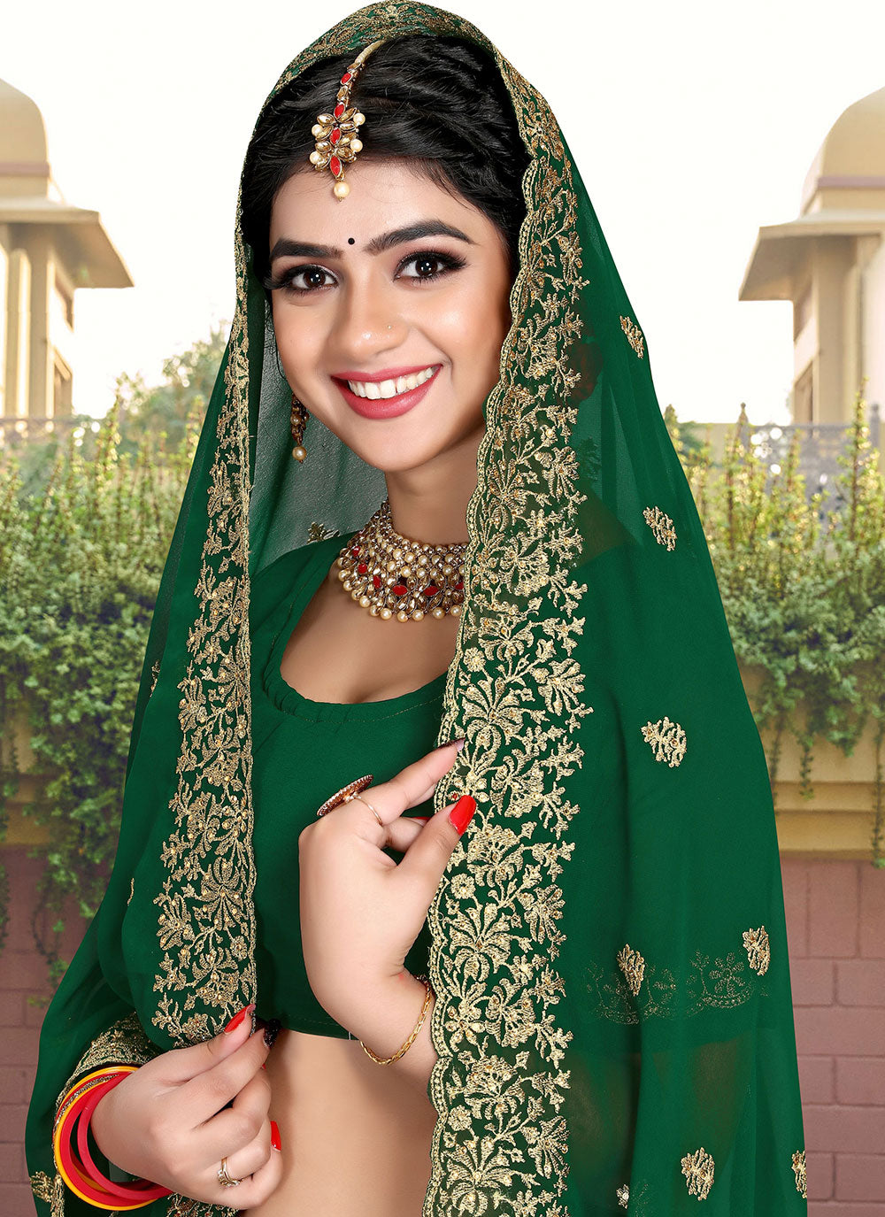 Green Georgette Embroidered Saree For Mehndi