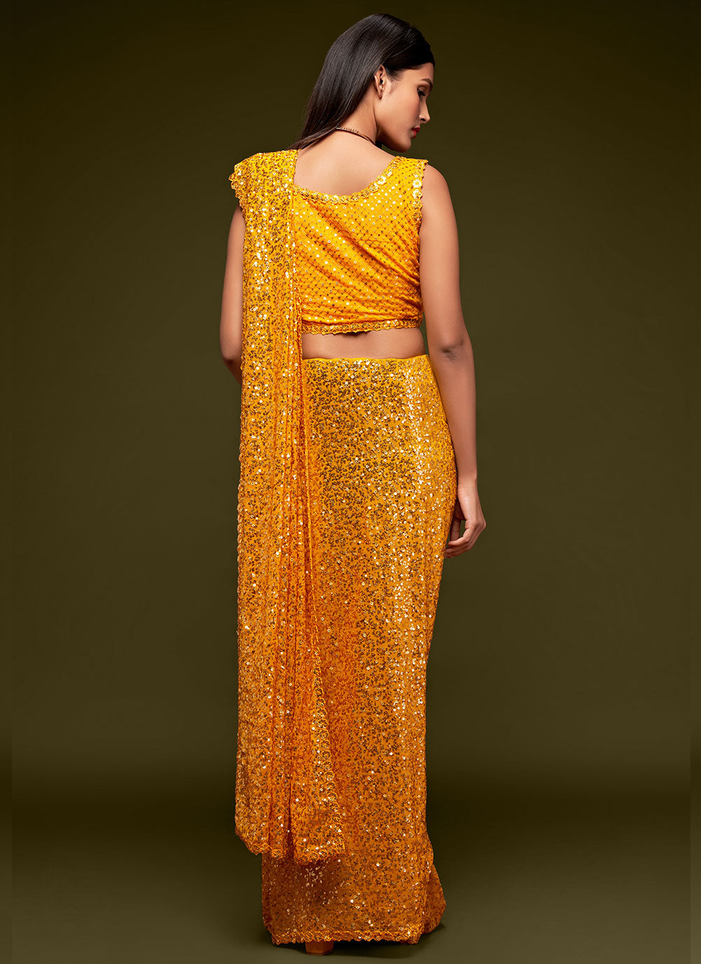 Sequins Faux Georgette Trendy Saree In Yellow