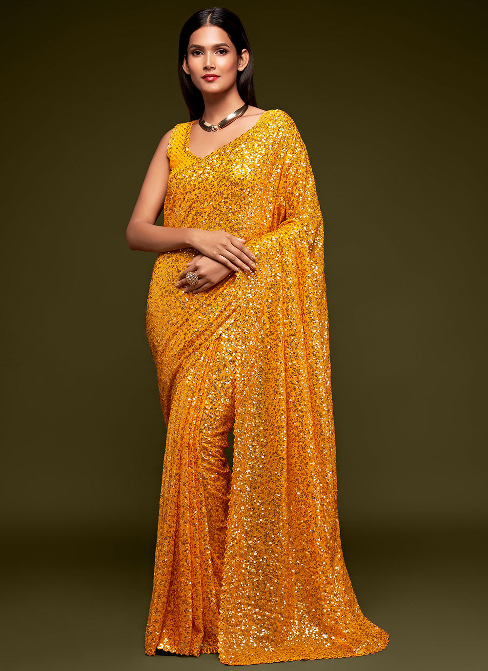 Sequins Faux Georgette Trendy Saree In Yellow