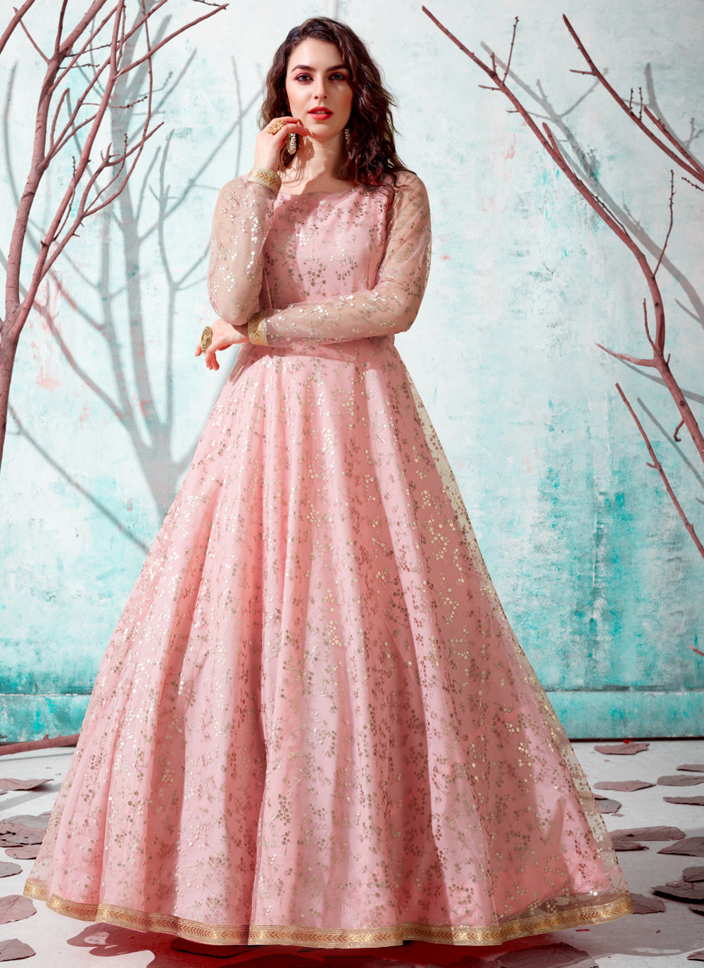 Fancy Pink Net Designer Gown