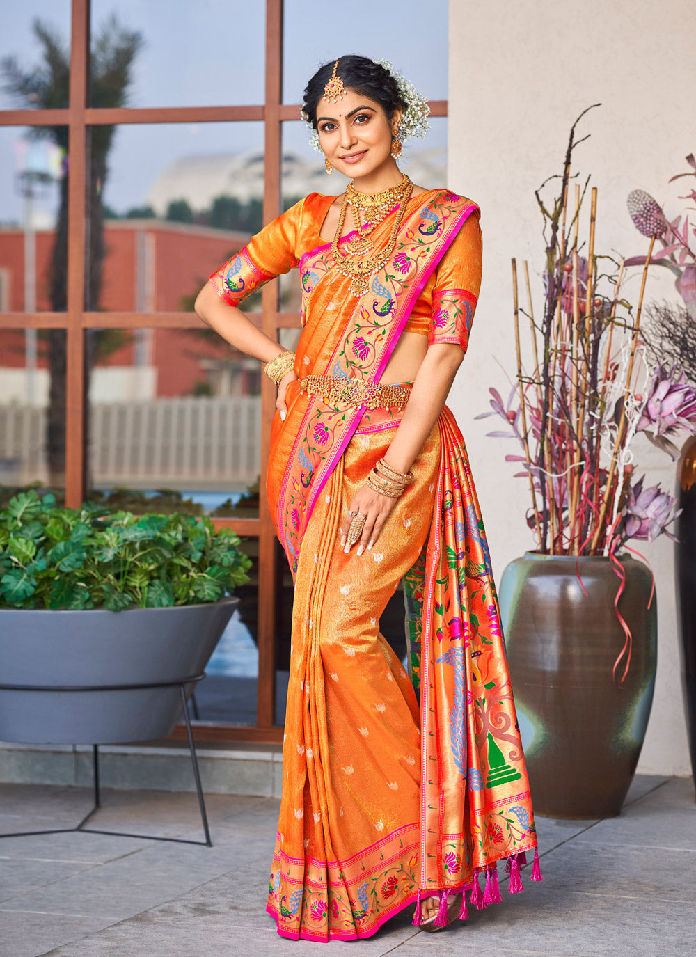 Weaving Orange Designer Traditional Saree
