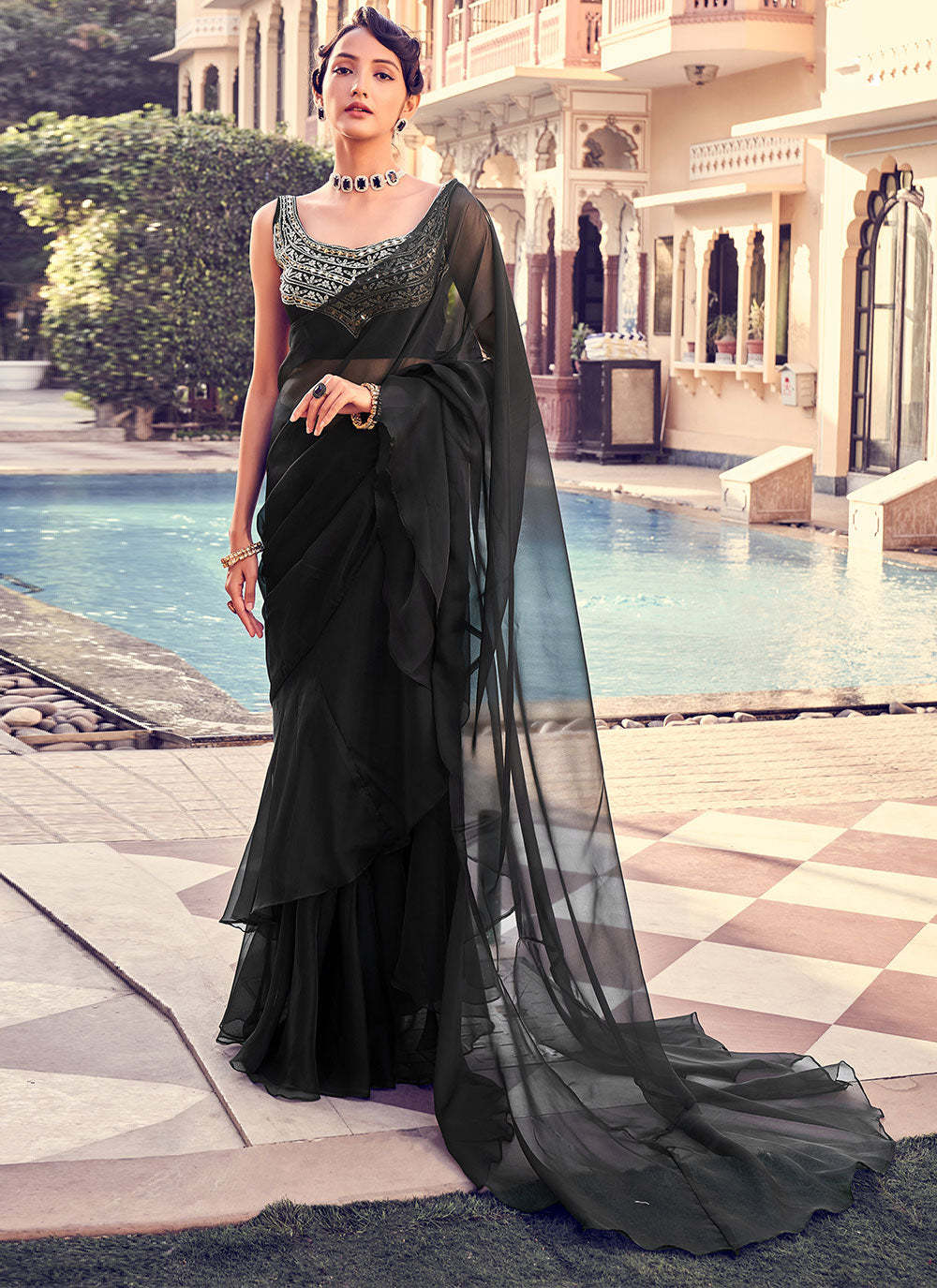 Georgette Trendy Saree in Black