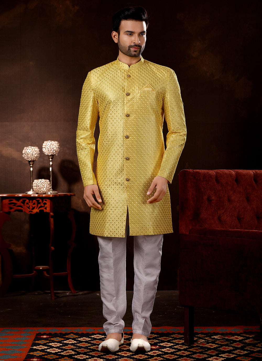 Fancy Zari Embroidered Sherwani In Yellow