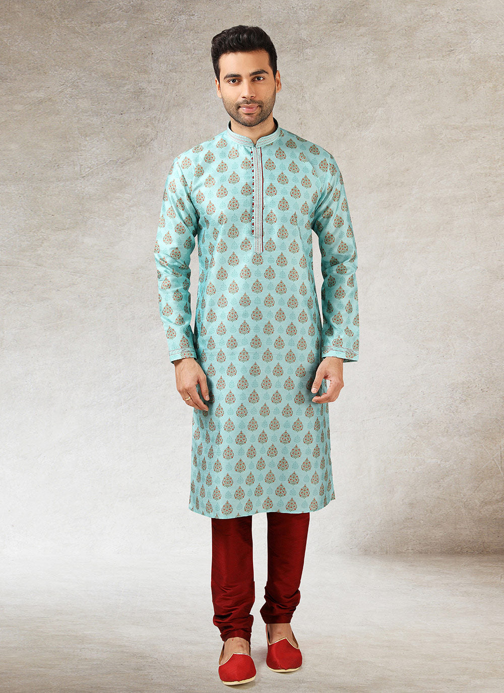 Printed Kurta Pajama In Turquoise