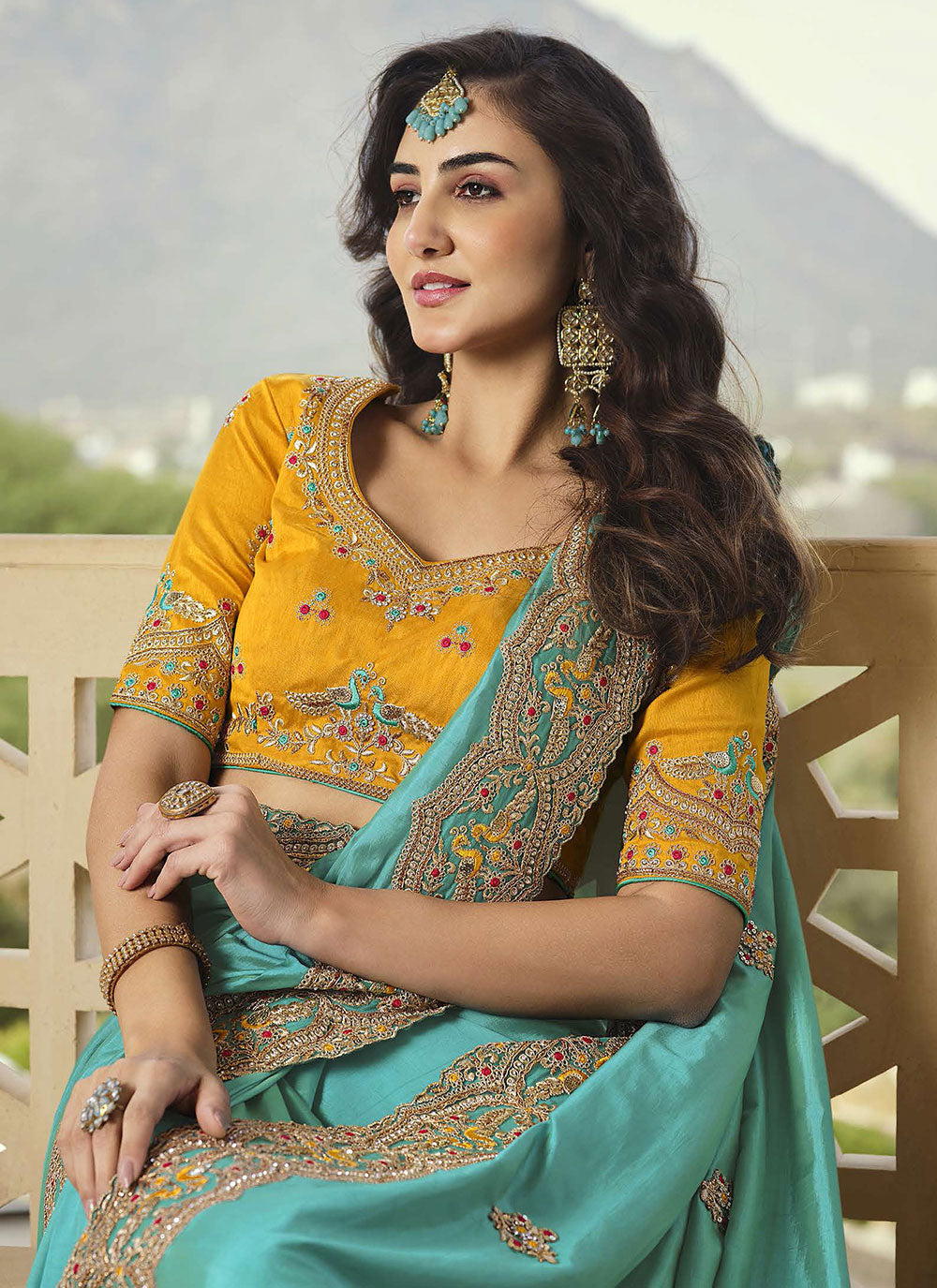 Contemporary Embroidered Turquoise Wedding Saree