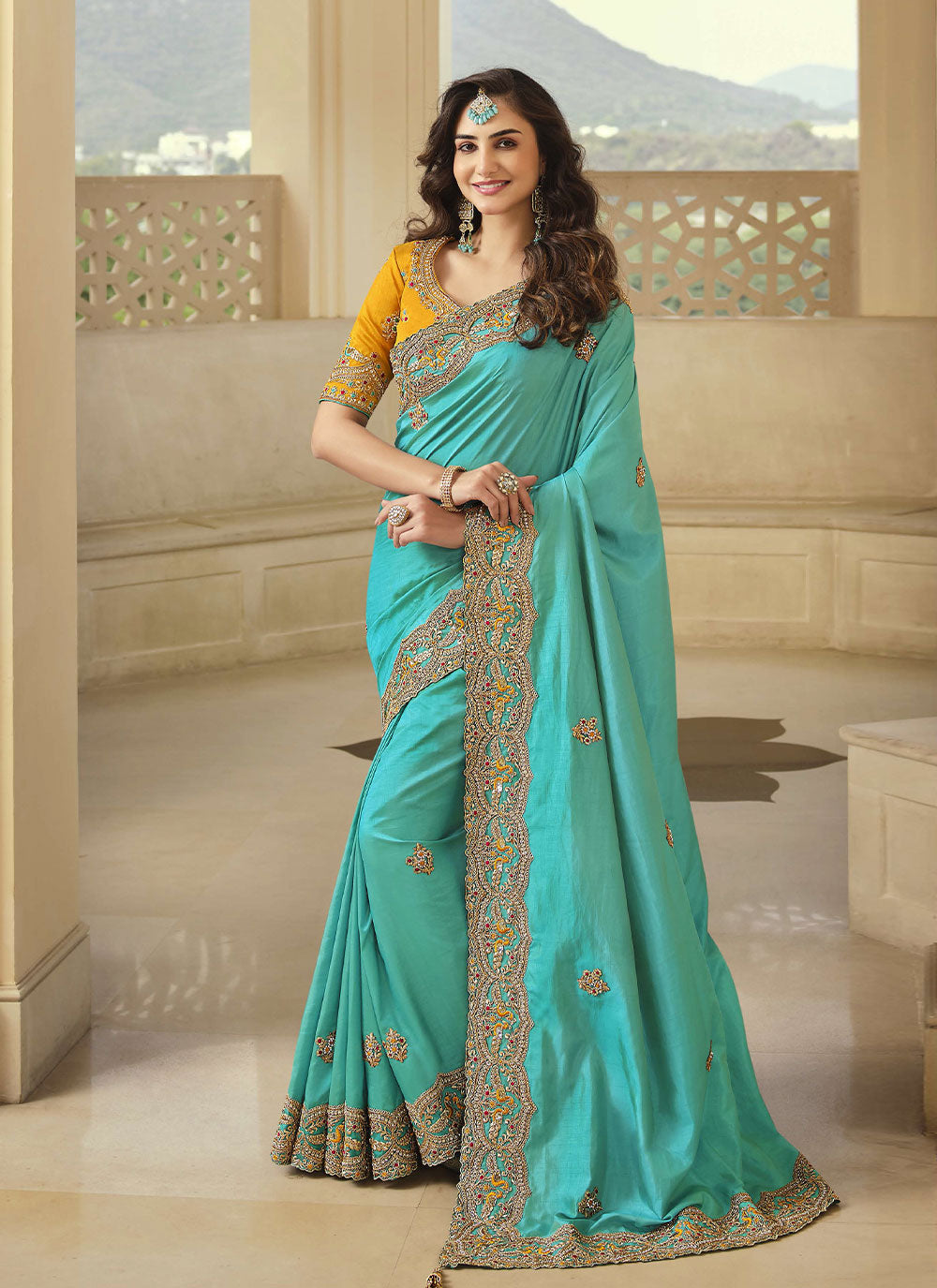 Contemporary Embroidered Turquoise Wedding Saree