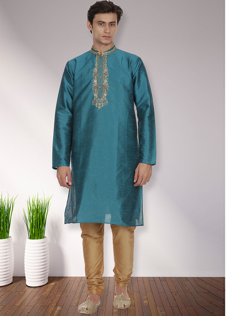 Turquoise Art Dupion Silk Kurta Pajama