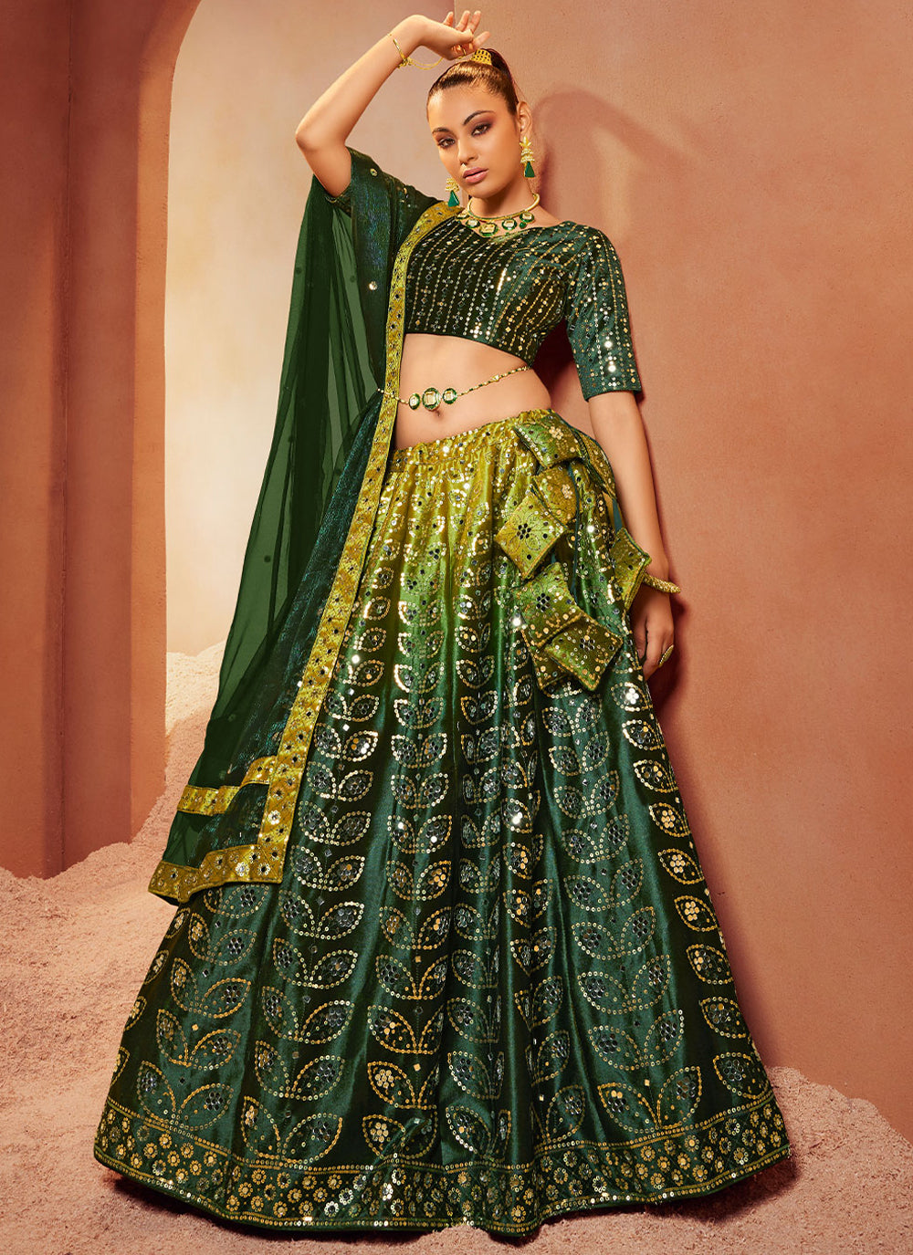 Embroidered Sangeet Lehenga Choli In Green Color