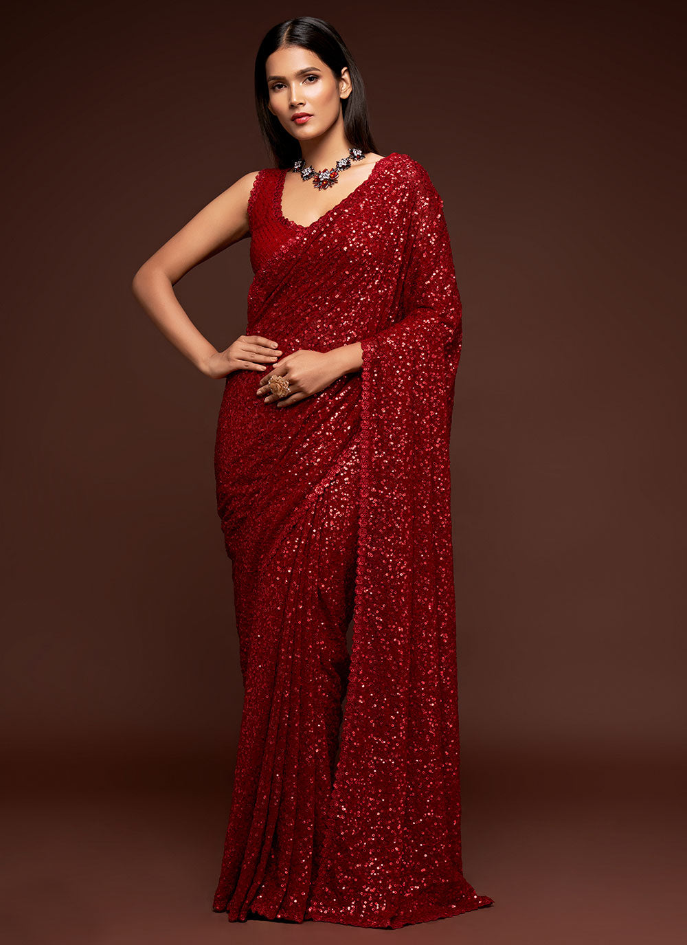 Red Sequins Classic Designer Saree
