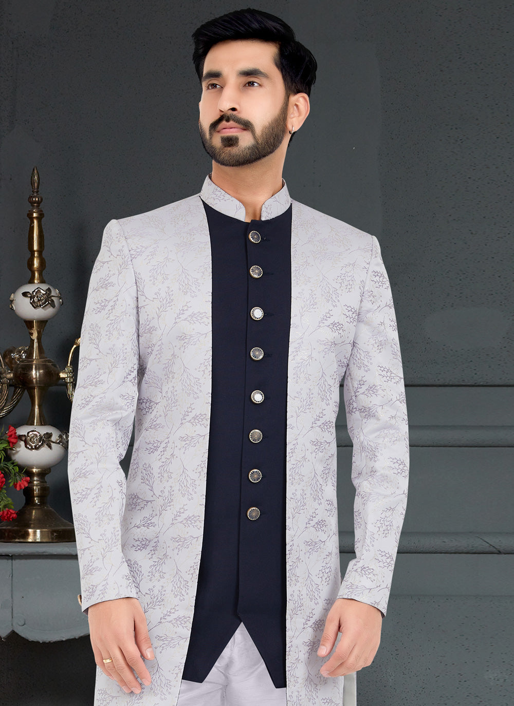 Indo Western in Grey and Navy Blue