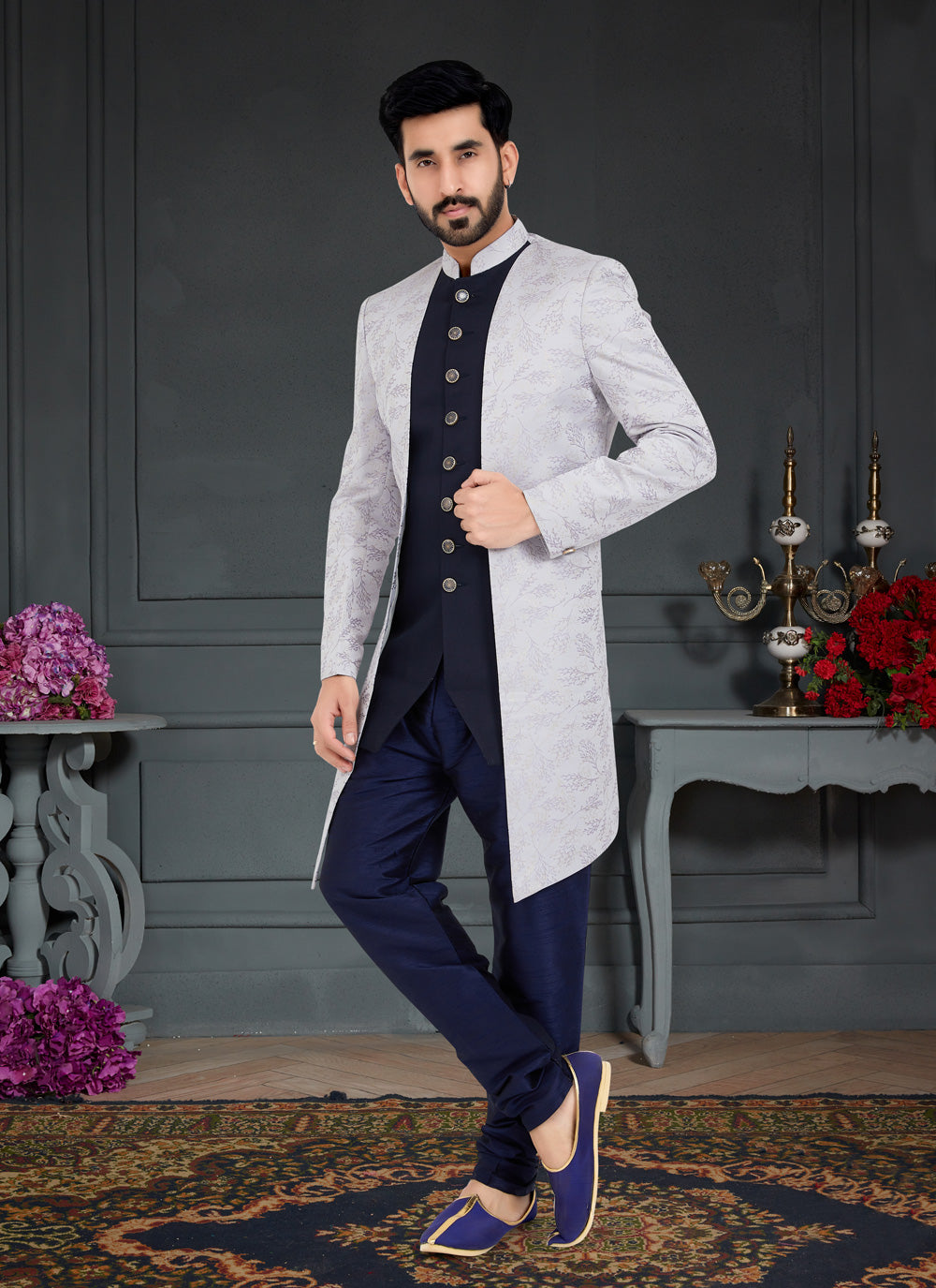 Indo Western in Grey and Navy Blue