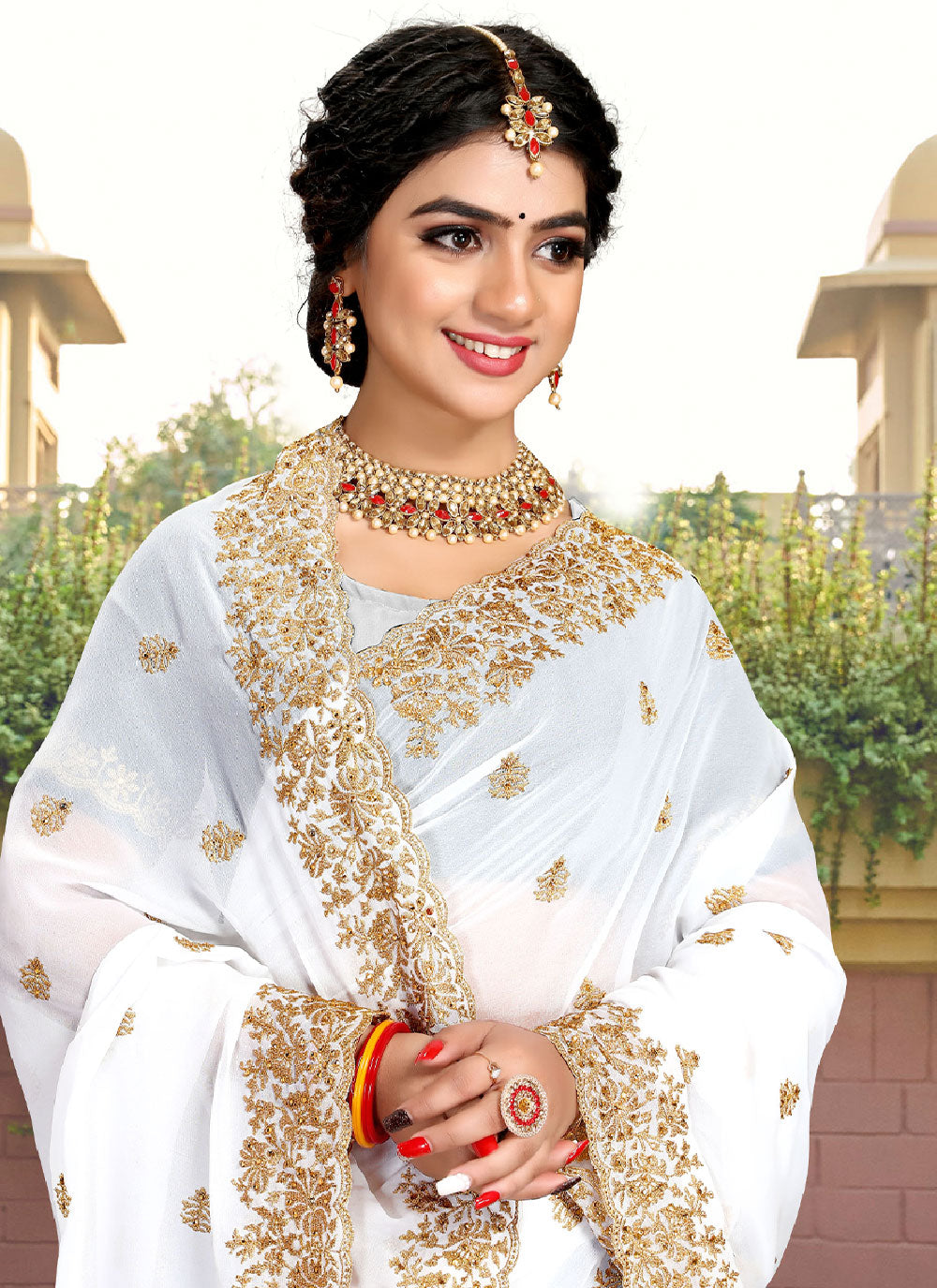 White Georgette With Stone Work Saree For Sangeet