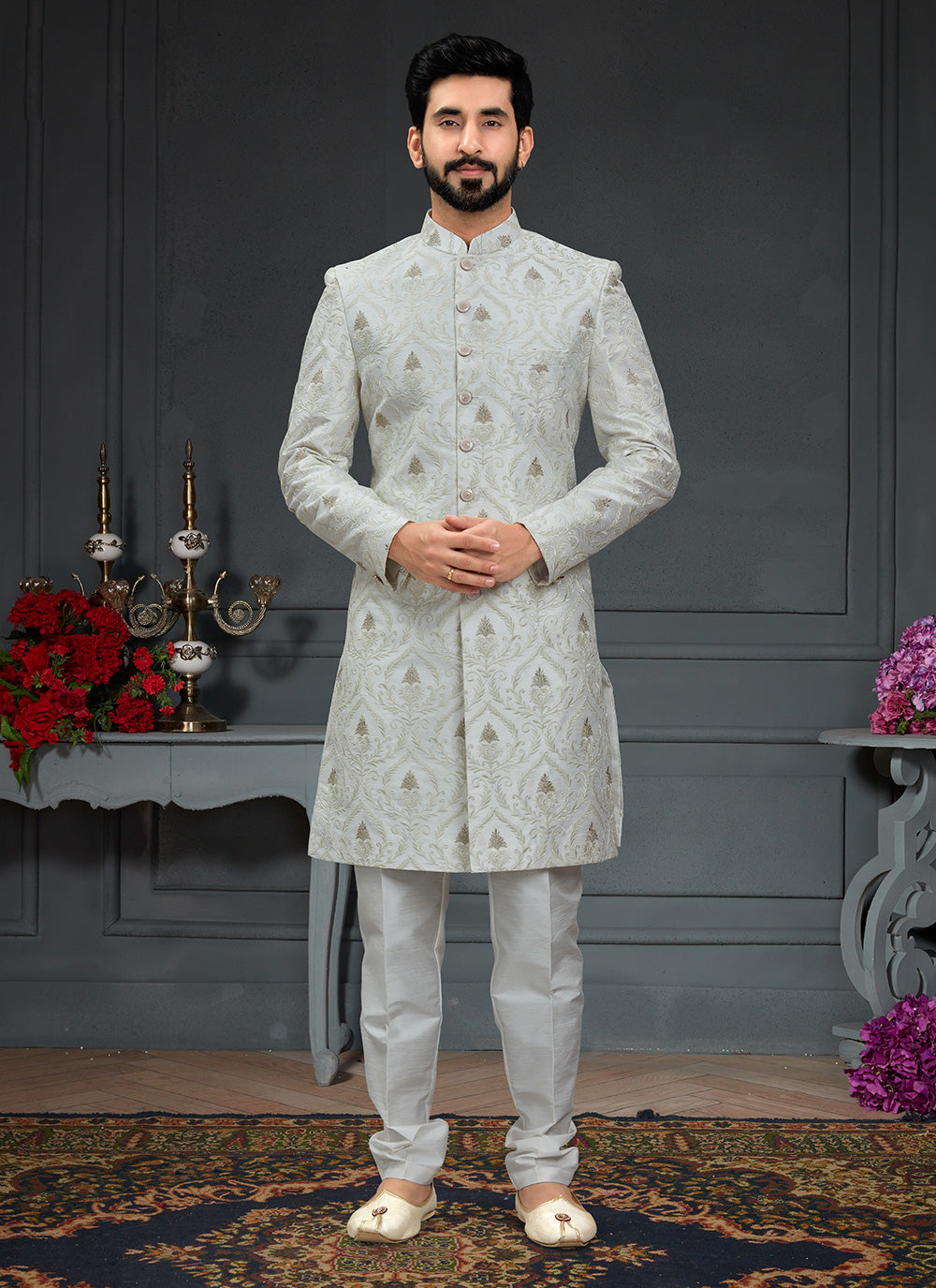 Imported Jacquard Work Indo Western In White