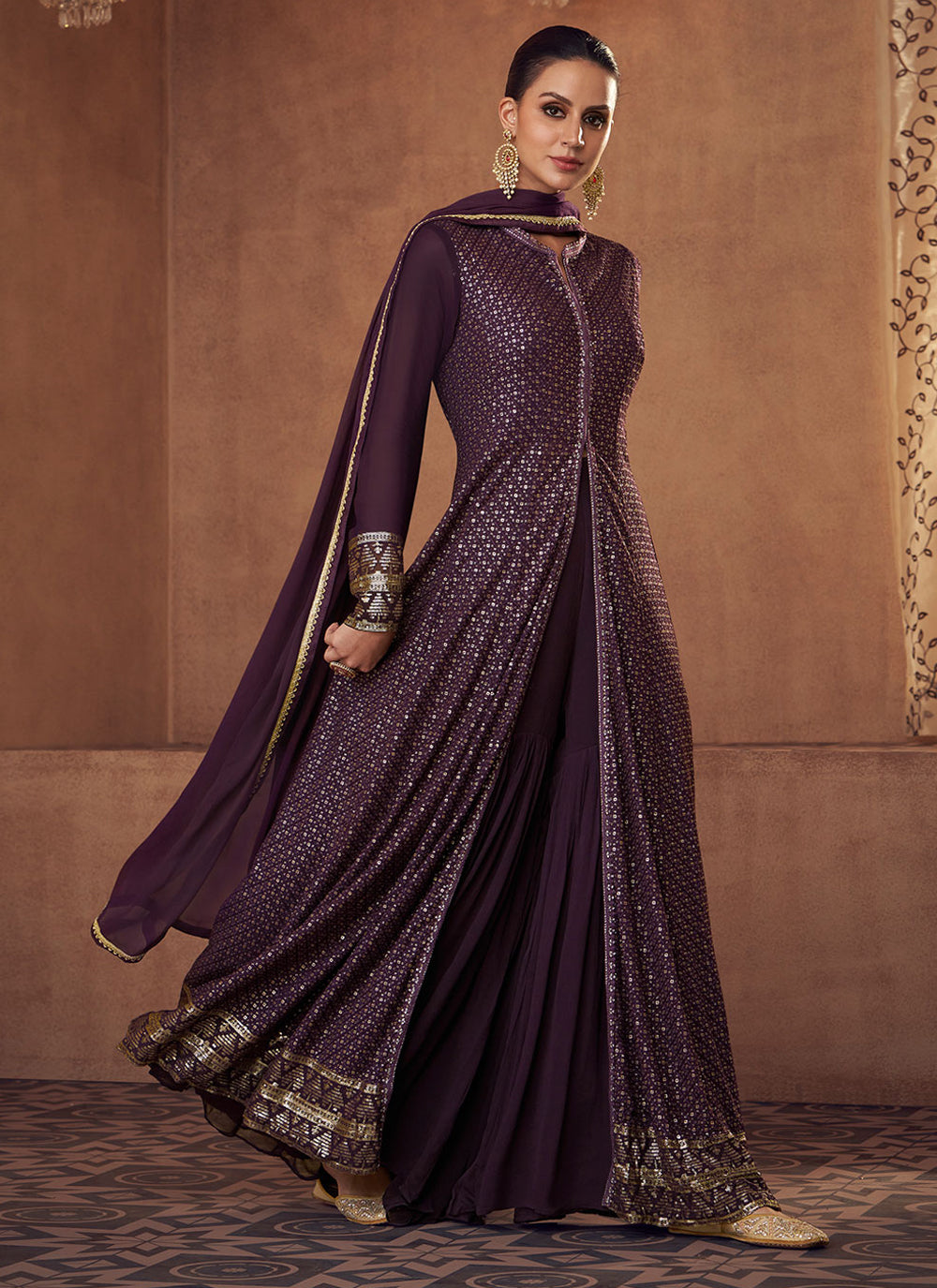 Designer Anarkali Salwar Suit In Wine Color