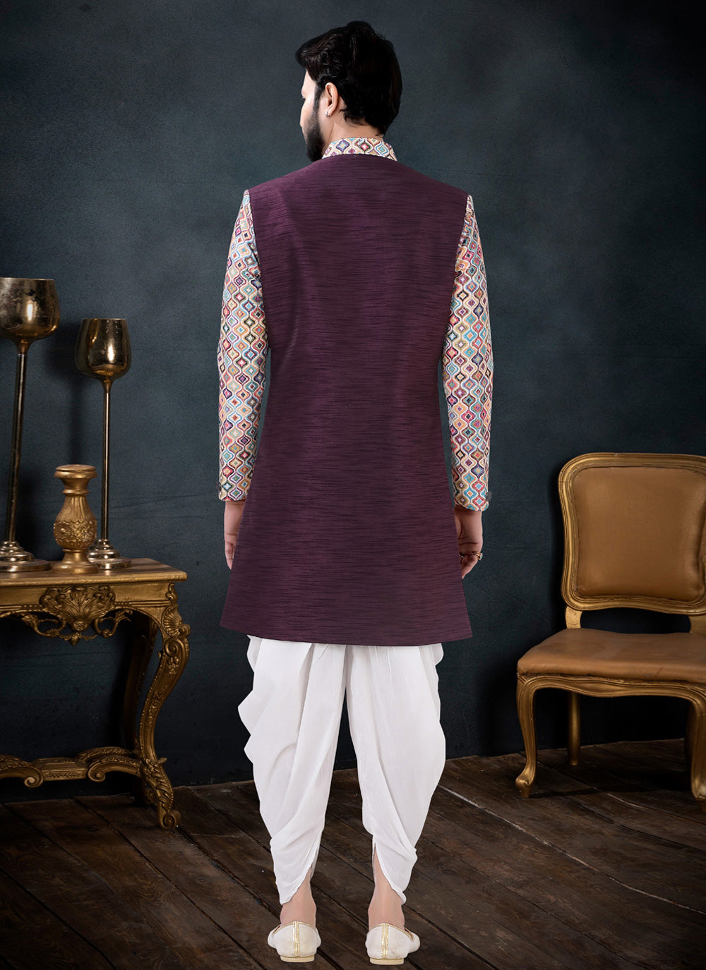 Rayon Sequins Indo Western Sherwani In Wine Color